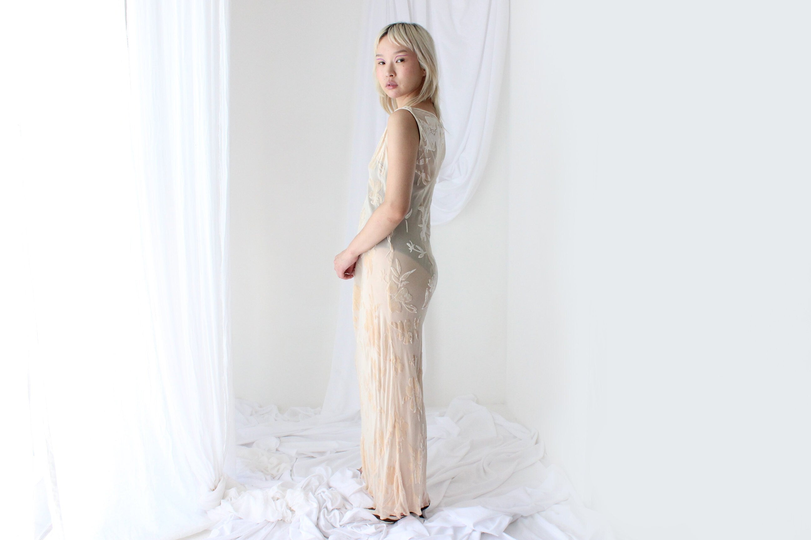 90s Luxurious PURE SILK VELVET Floral Burnout Bias Cut Gown