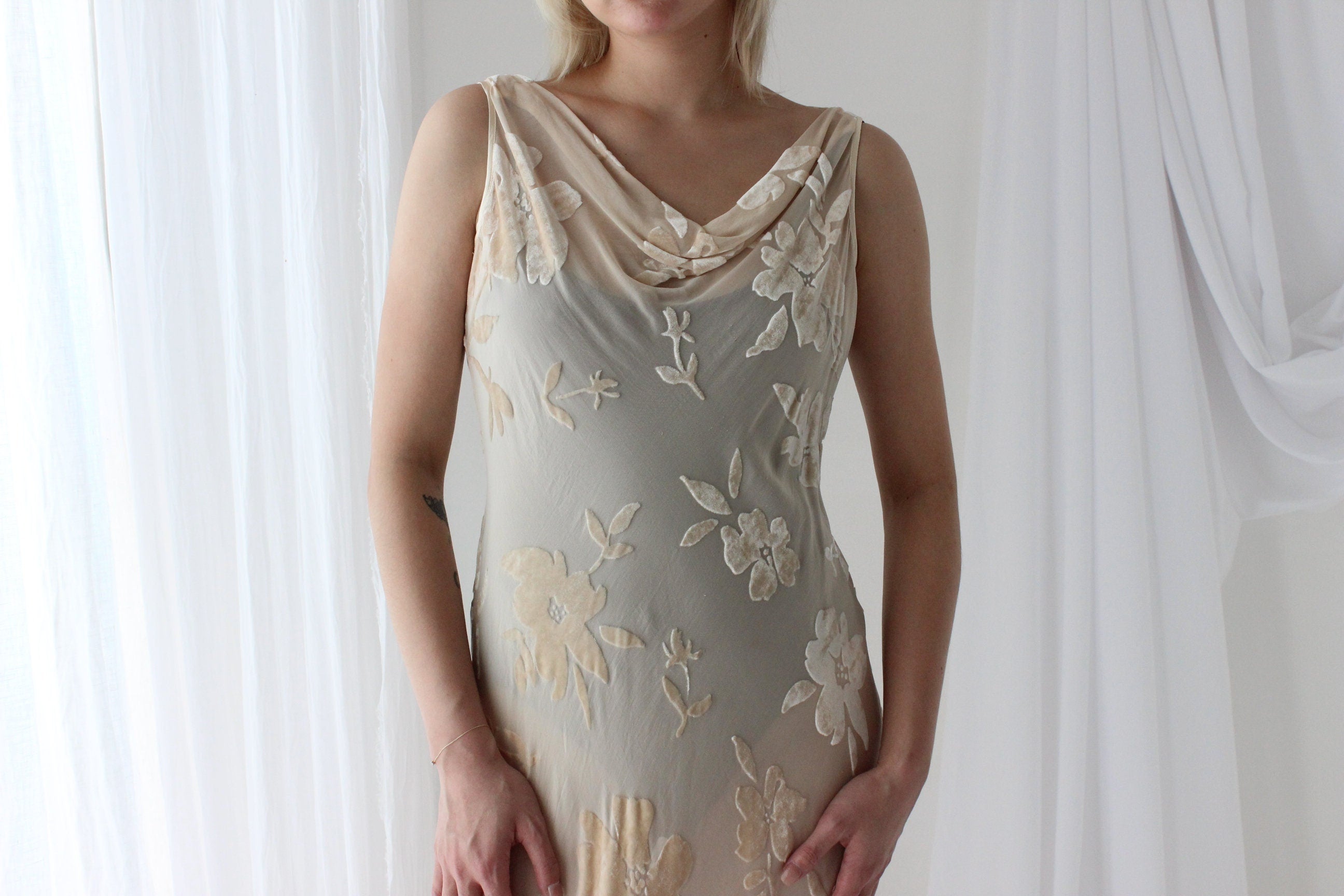 90s Luxurious PURE SILK VELVET Floral Burnout Bias Cut Gown