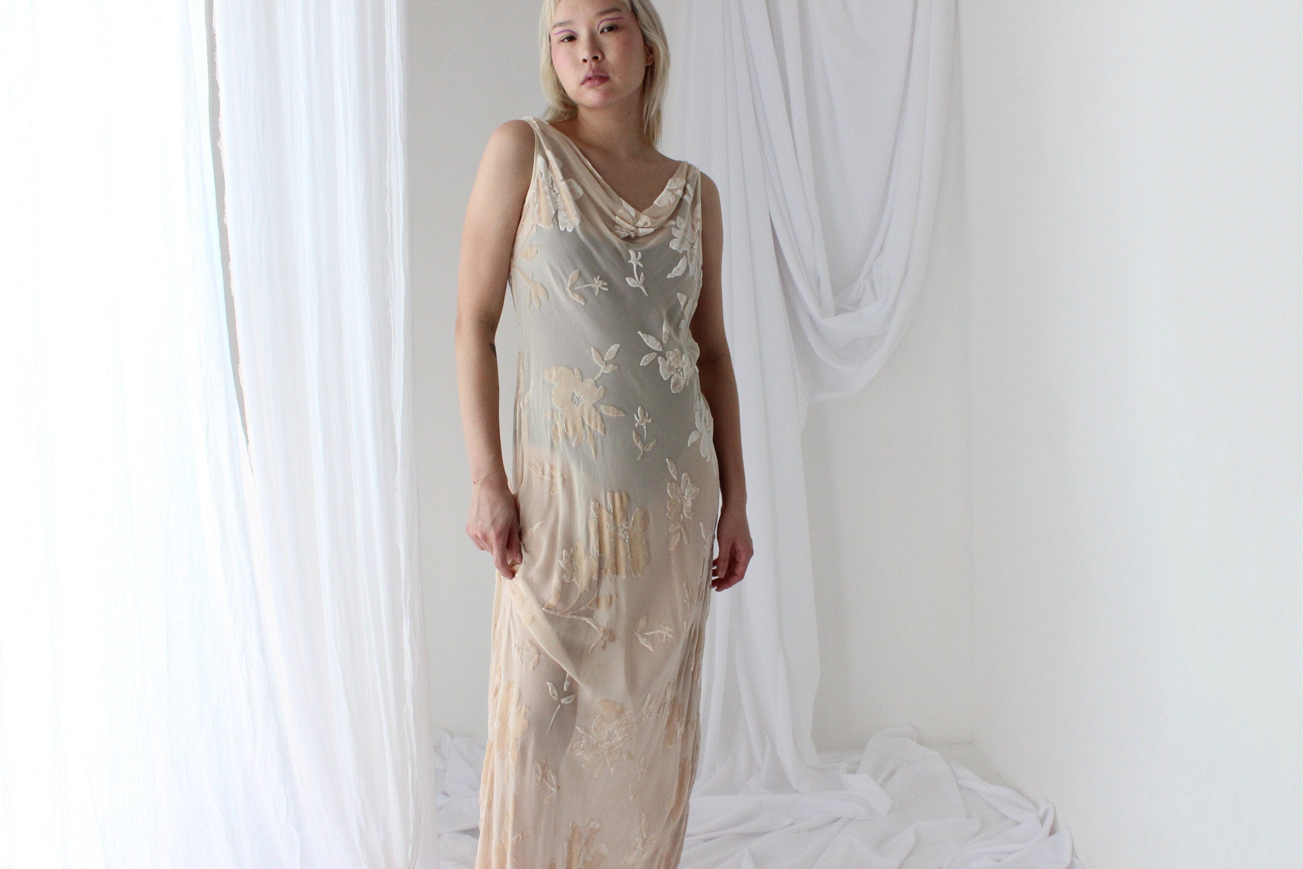 90s Luxurious PURE SILK VELVET Floral Burnout Bias Cut Gown