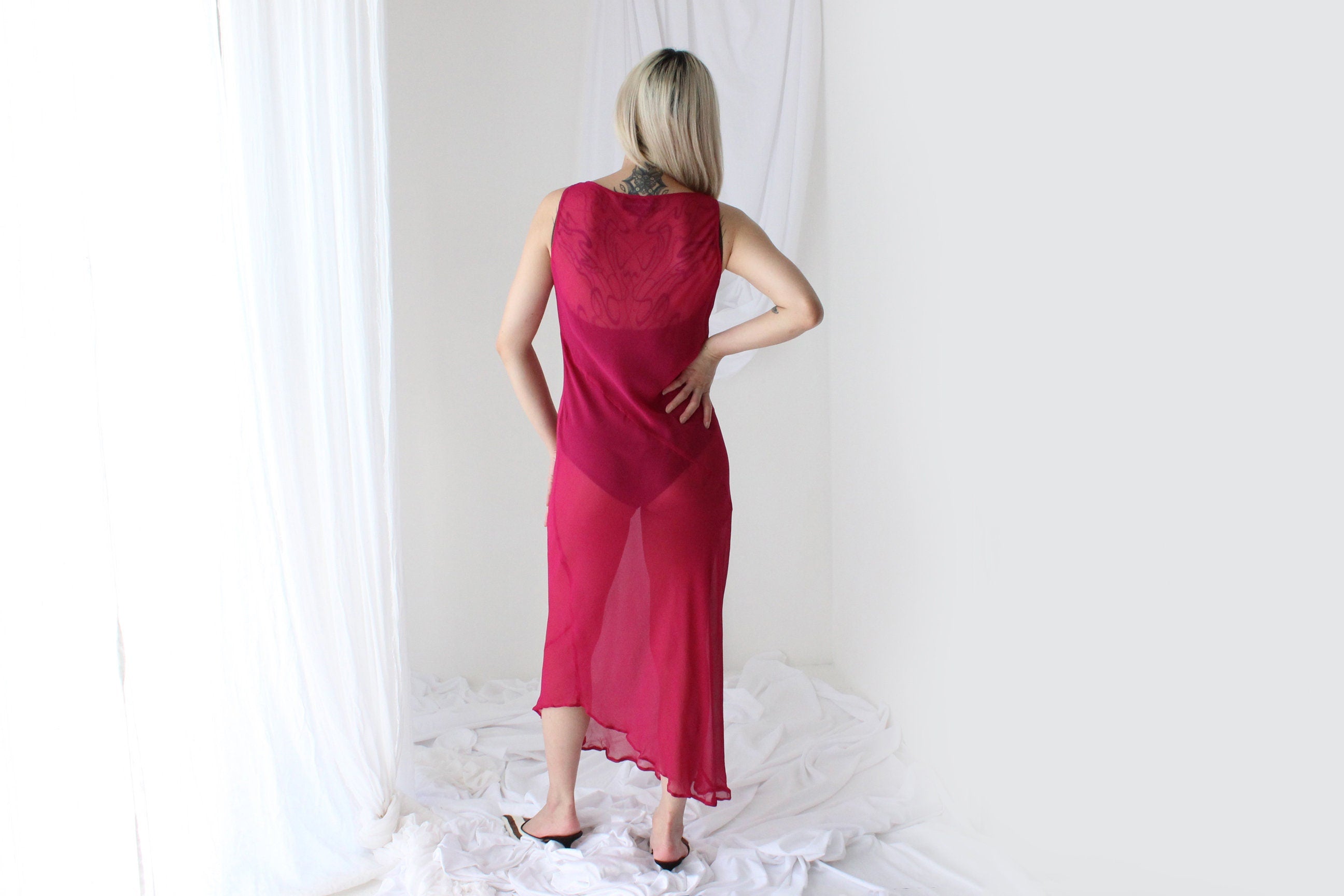 90s PURE SILK Georgette Sheer Magenta Minimal Bias Cut Dress