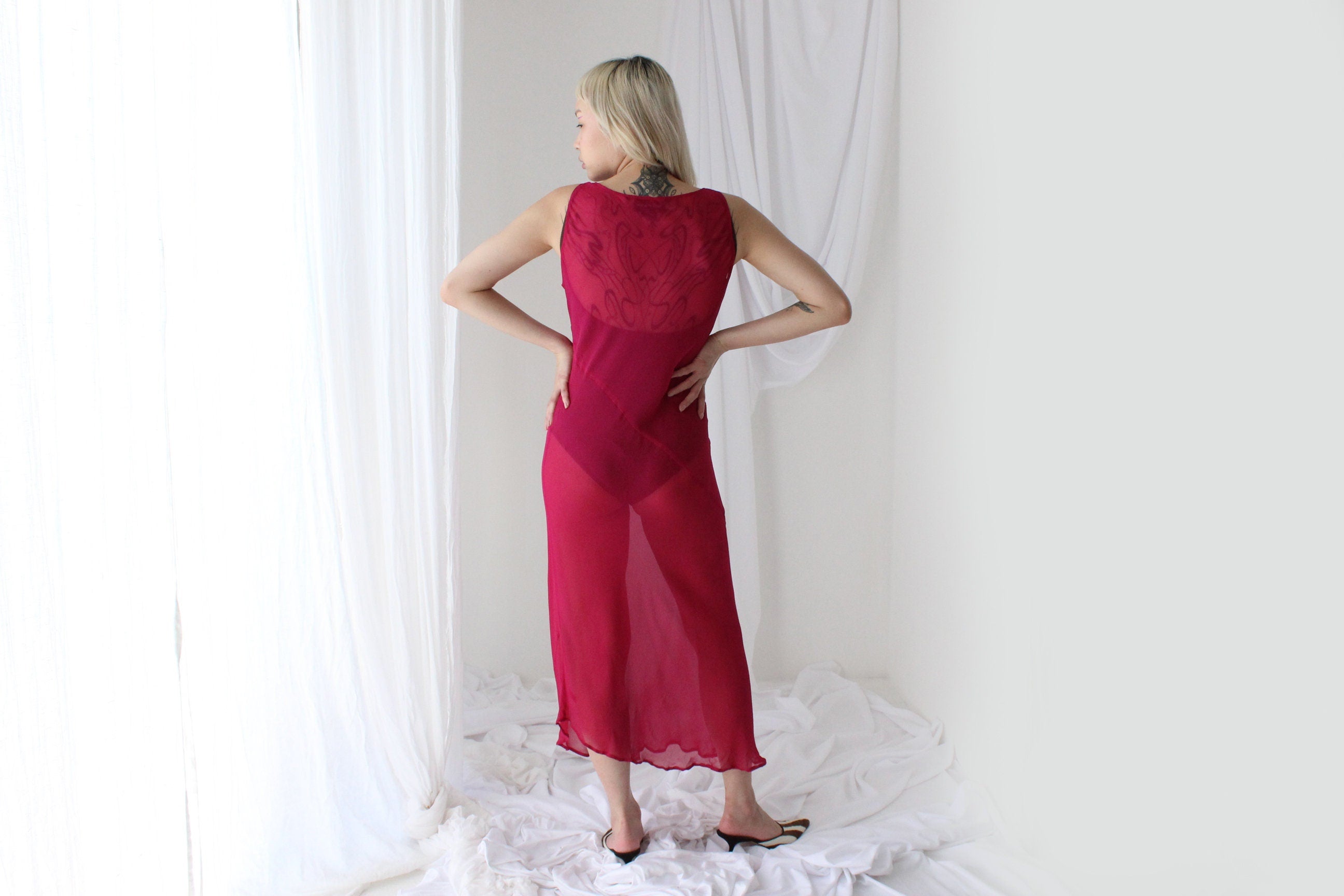 90s PURE SILK Georgette Sheer Magenta Minimal Bias Cut Dress