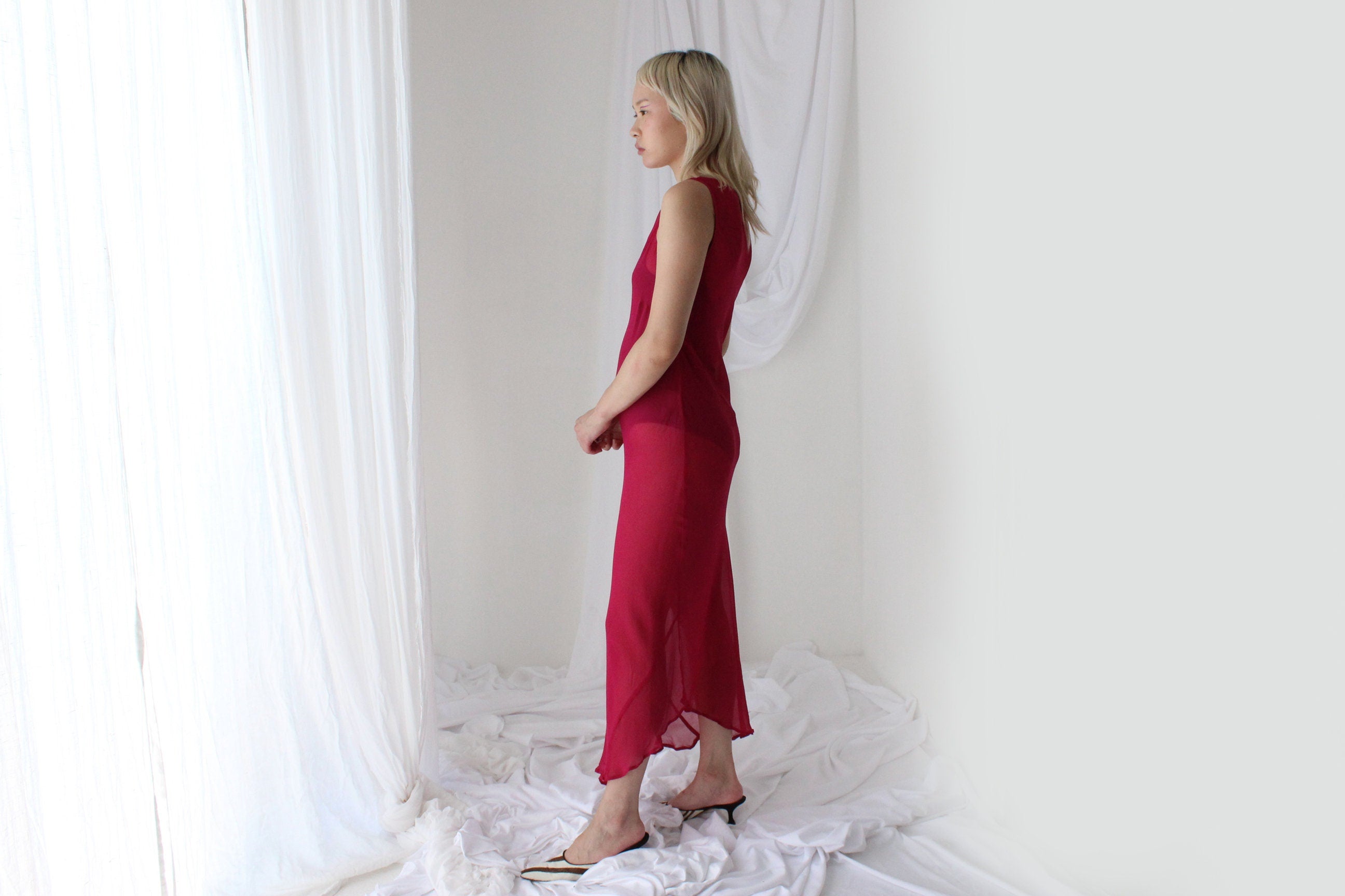 90s PURE SILK Georgette Sheer Magenta Minimal Bias Cut Dress