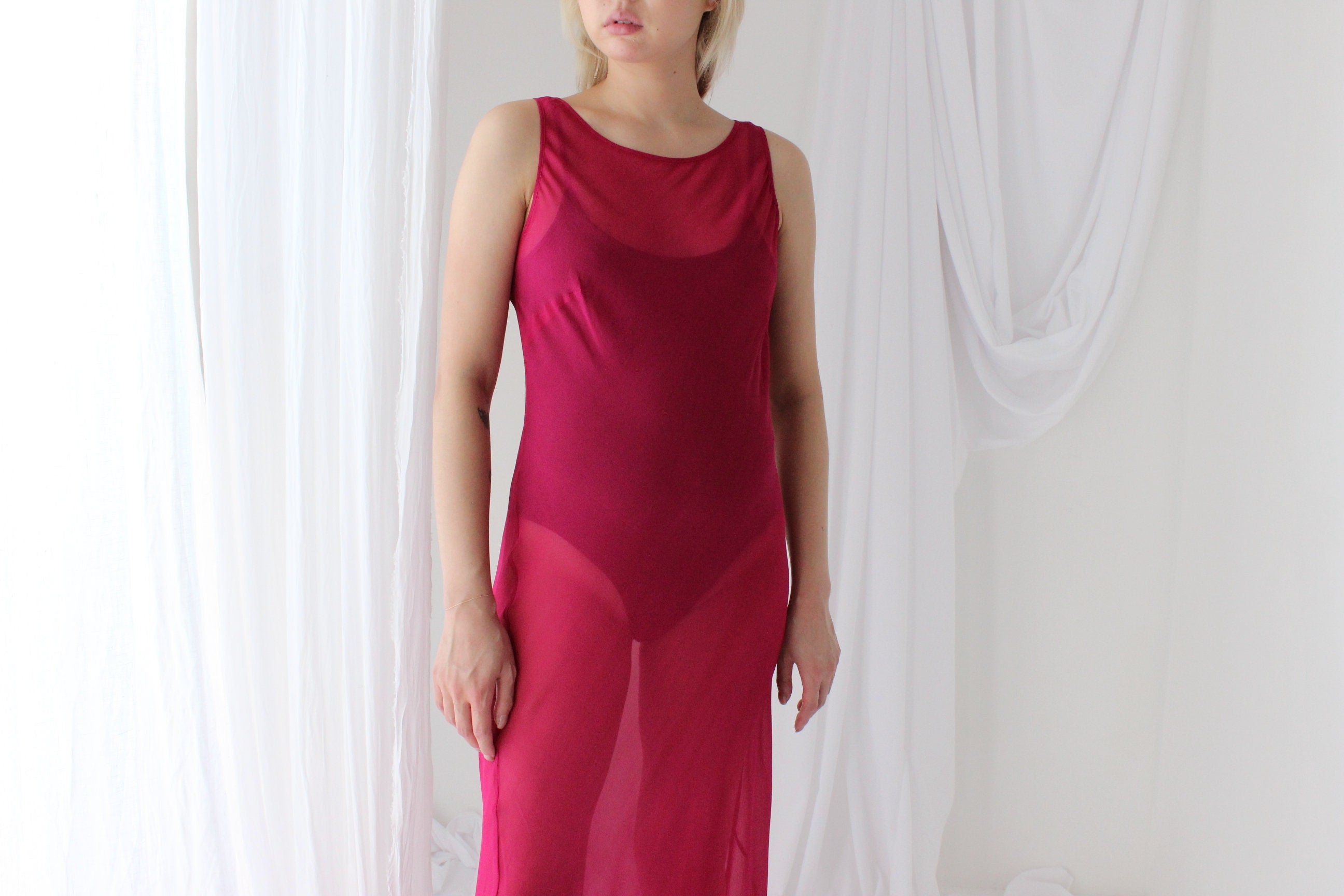 90s PURE SILK Georgette Sheer Magenta Minimal Bias Cut Dress