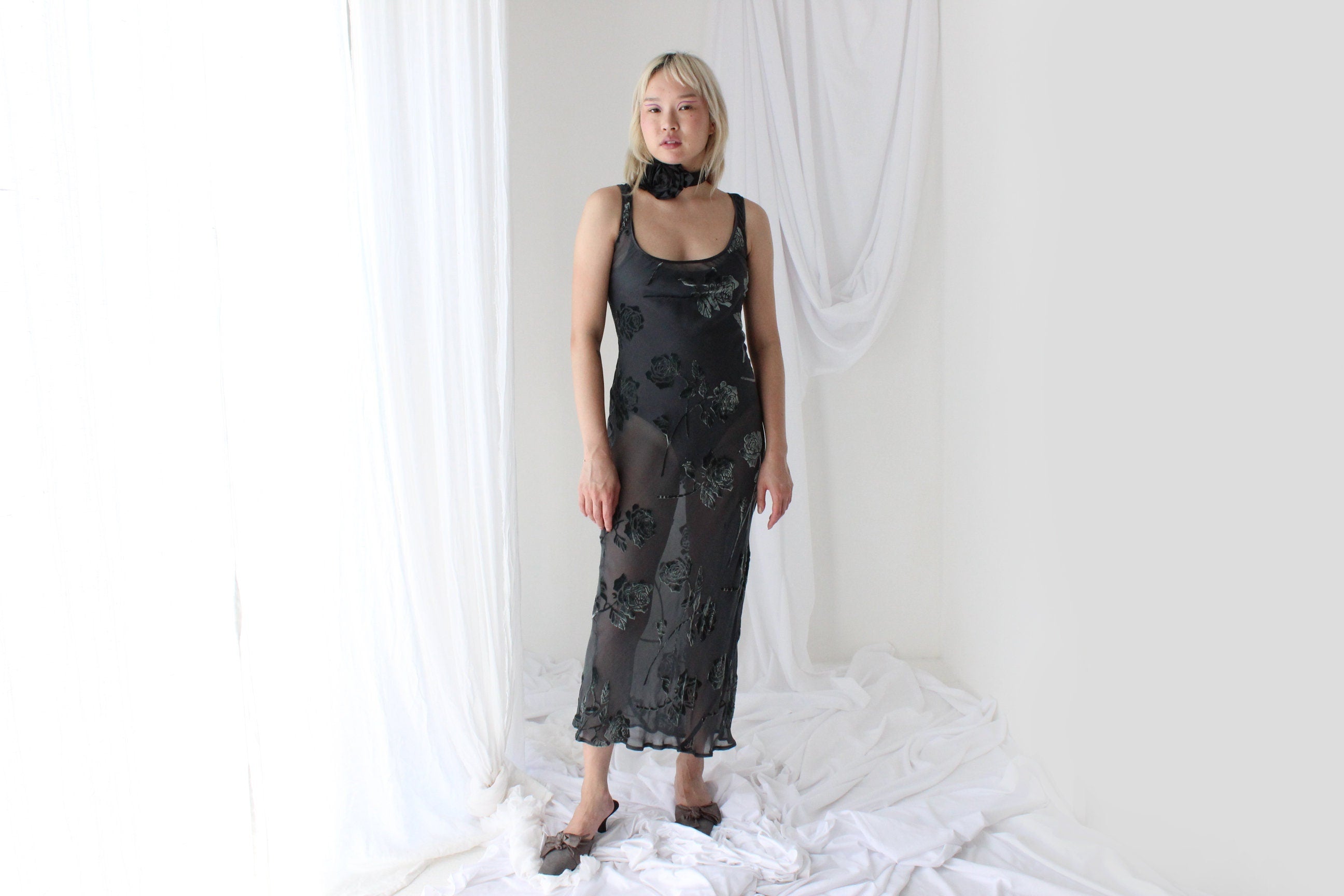 90s Enchanted Forest PURE SILK VELVET Floral Burnout Bias Cut Gown
