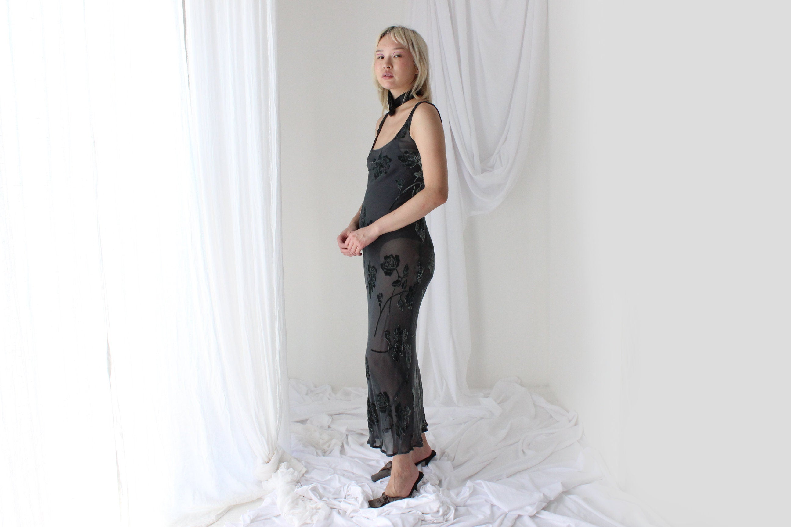 90s Enchanted Forest PURE SILK VELVET Floral Burnout Bias Cut Gown