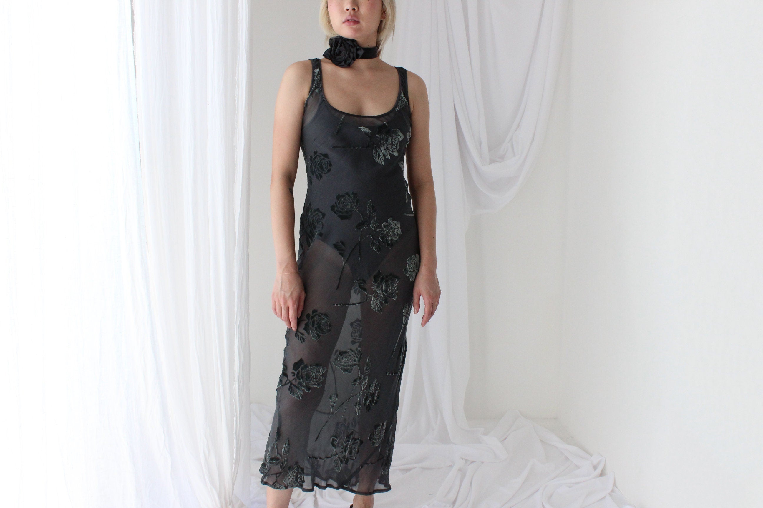 90s Enchanted Forest PURE SILK VELVET Floral Burnout Bias Cut Gown