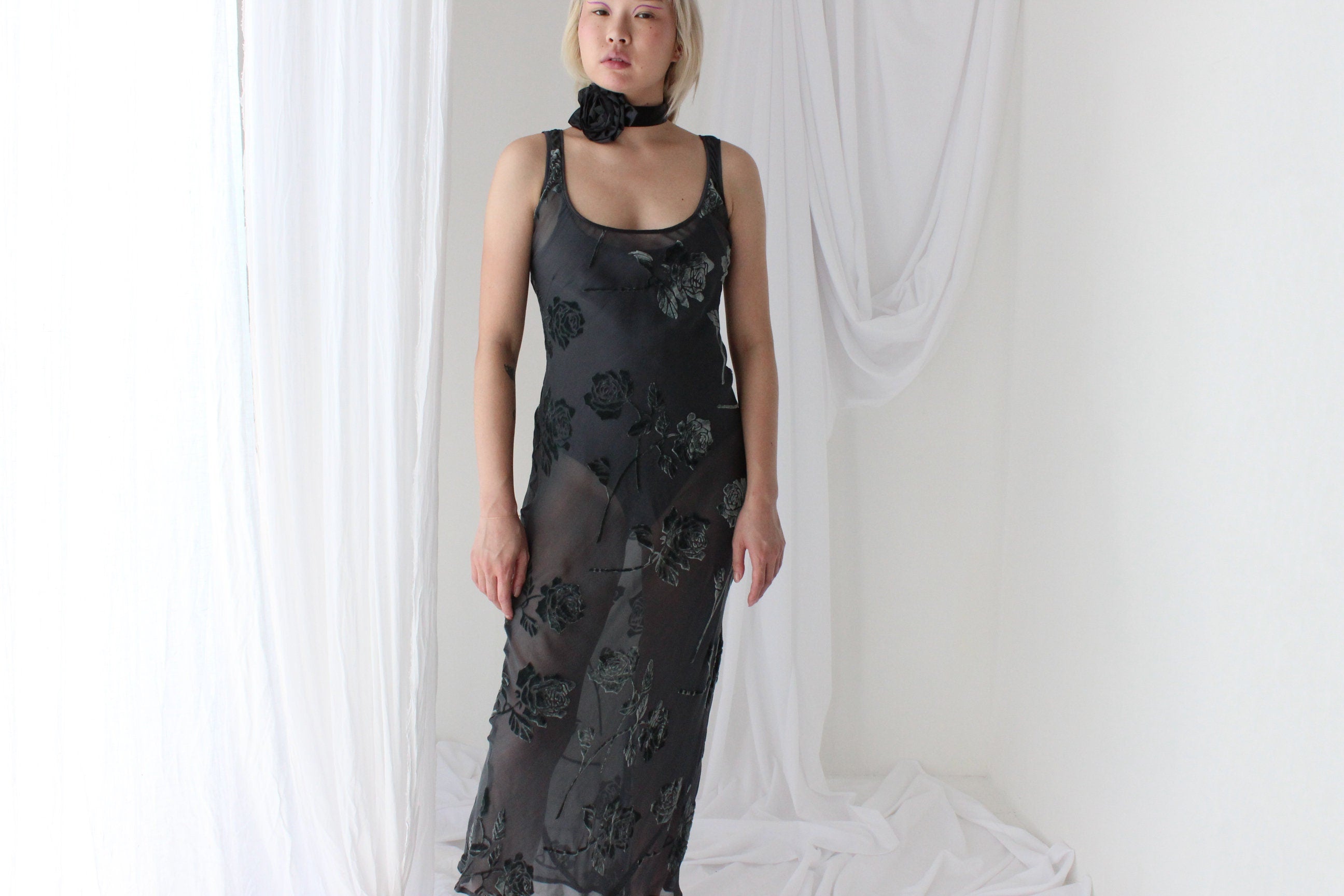 90s Enchanted Forest PURE SILK VELVET Floral Burnout Bias Cut Gown