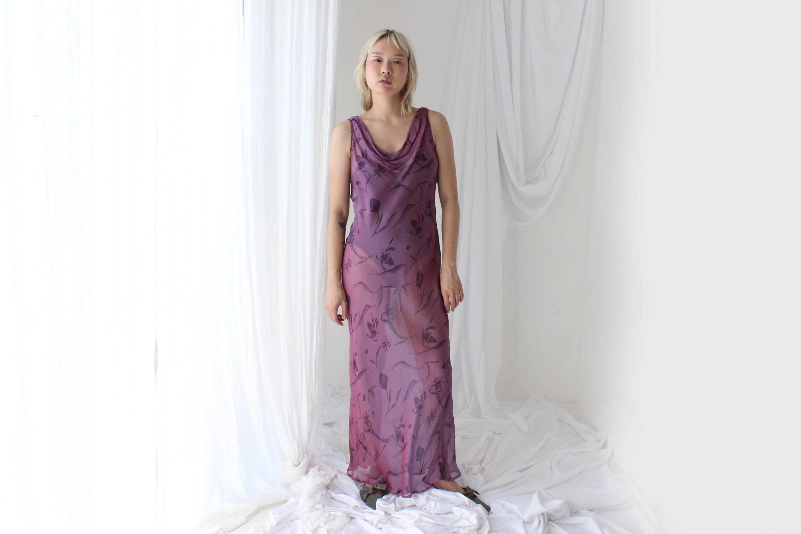 Y2K PURE SILK Holographic Shimmer Sheer Cowl Neck Gown