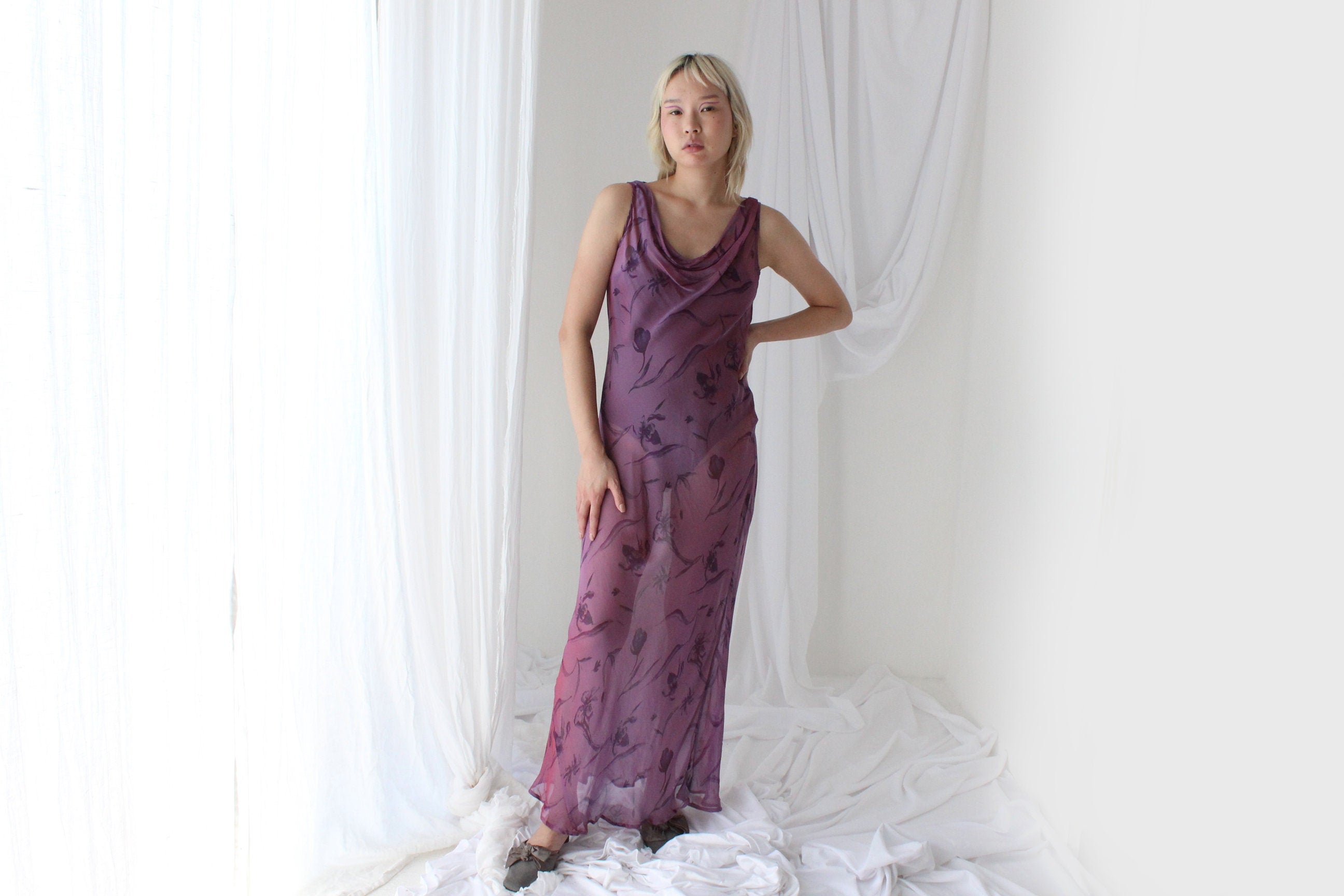 Y2K PURE SILK Holographic Shimmer Sheer Cowl Neck Gown