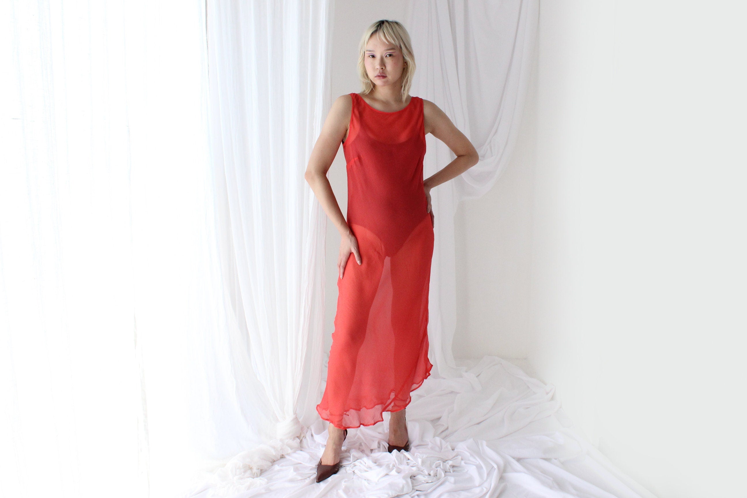 90s PURE SILK Georgette Sheer Coral Minimal Simple Bias Cut/High Neck Sleeveless Dress