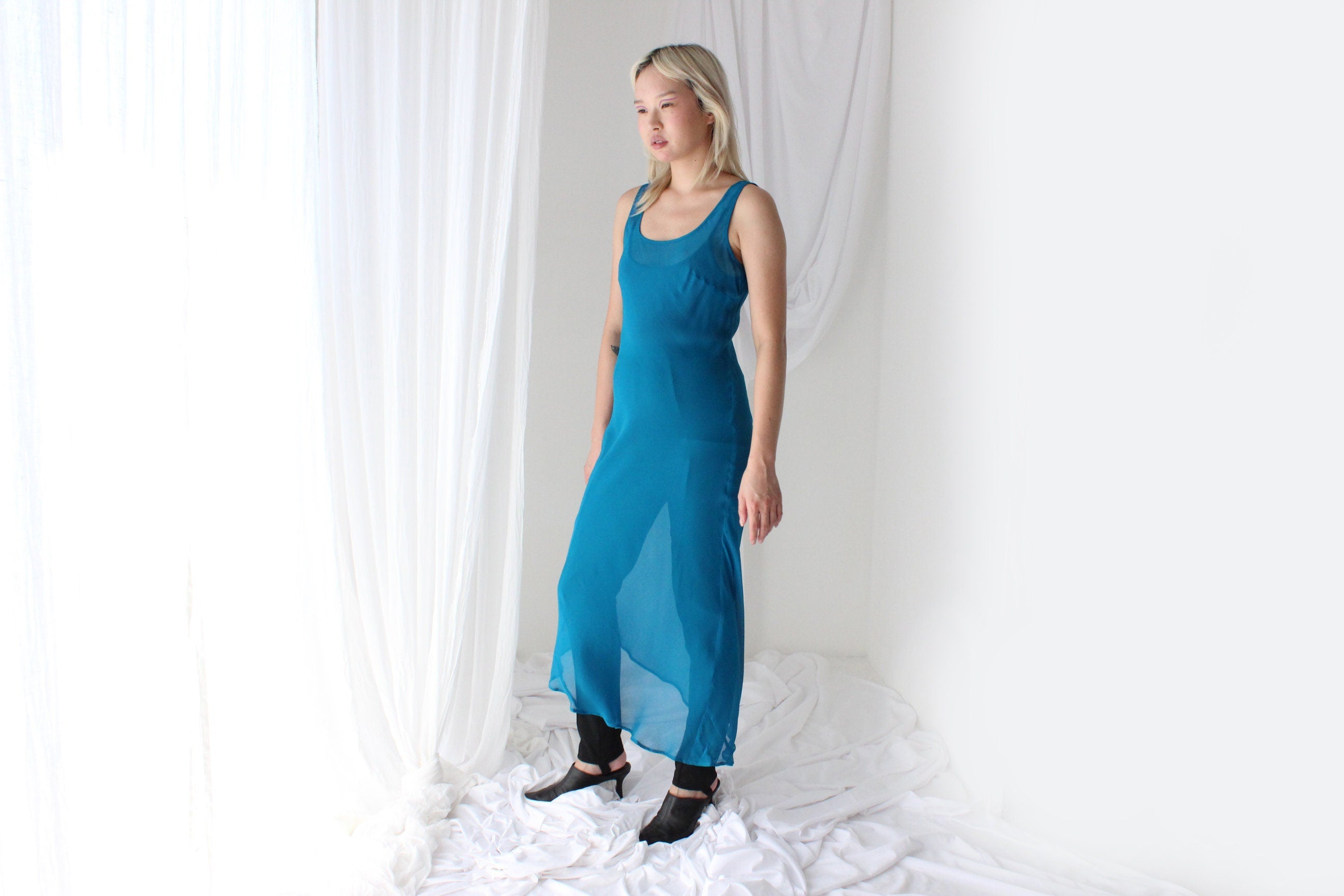 90s PURE SILK Georgette Sheer Teal Bias Cut Dress