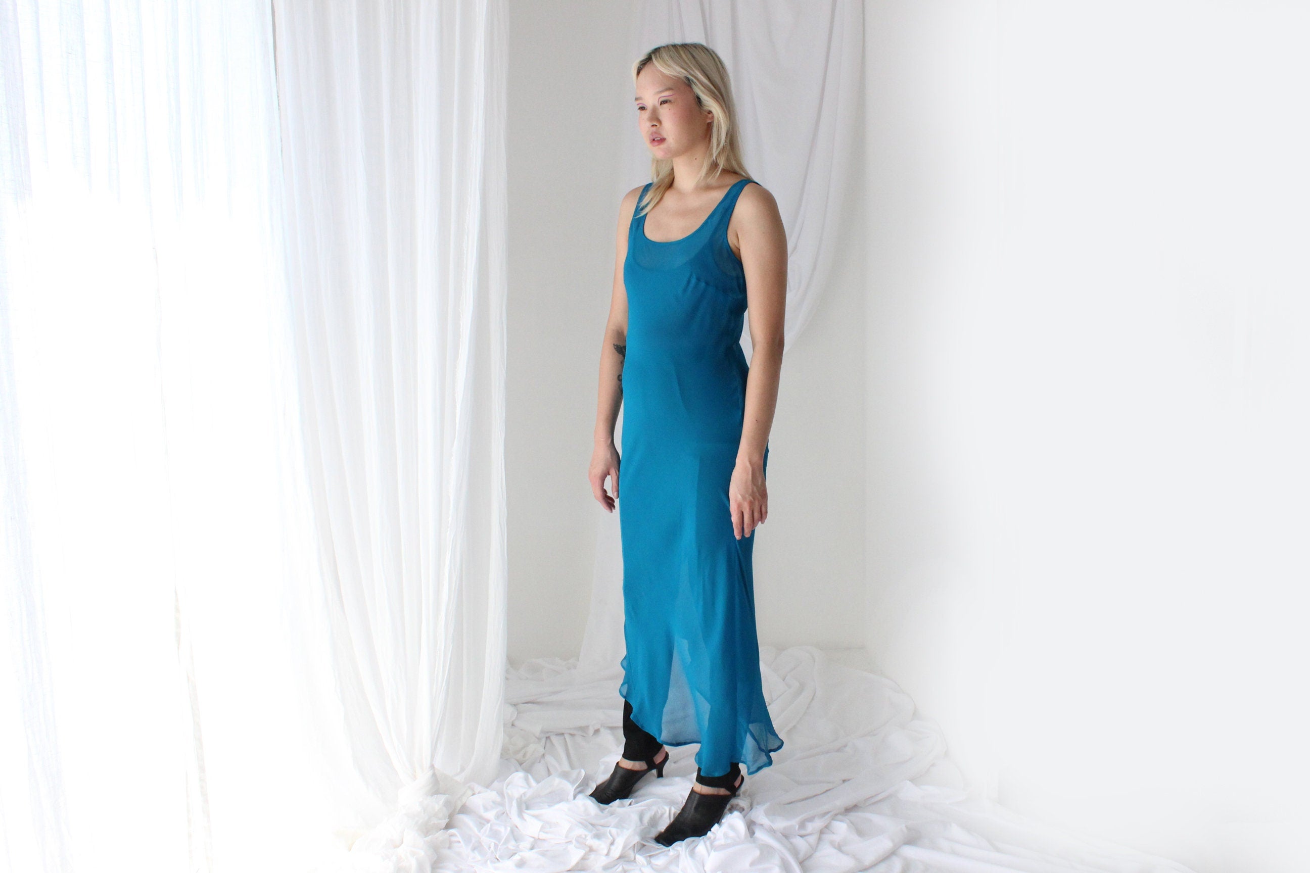 90s PURE SILK Georgette Sheer Teal Bias Cut Dress