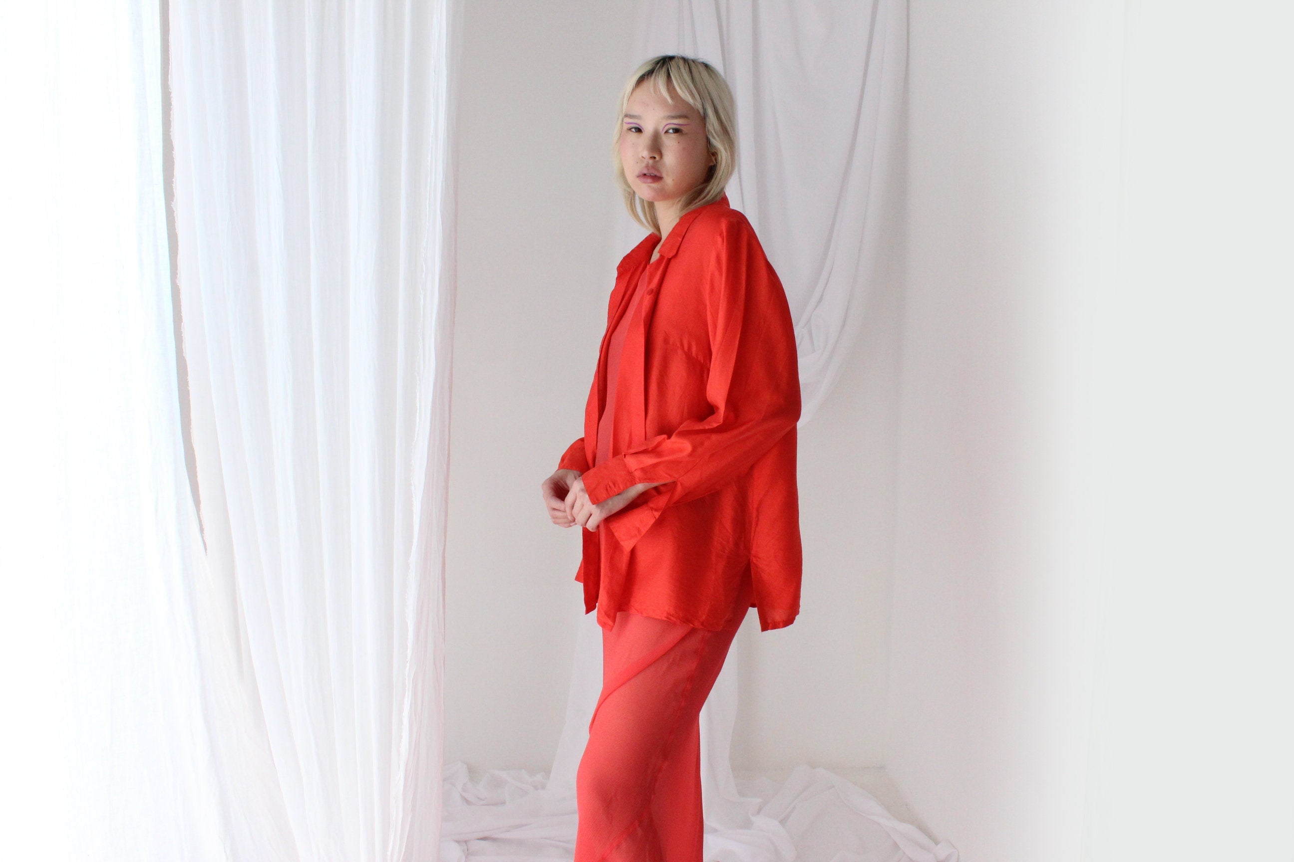 80s Coral Silk Luxury Oversized Shirt