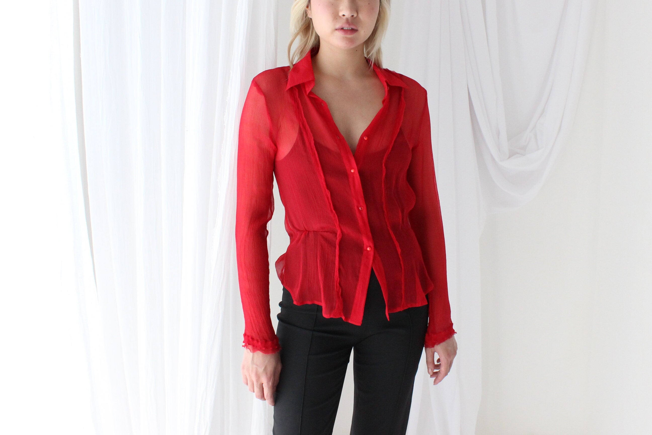 90s Crinkle Silk Crêpe Chiffon Sheer & Sexy Button Up Blouse