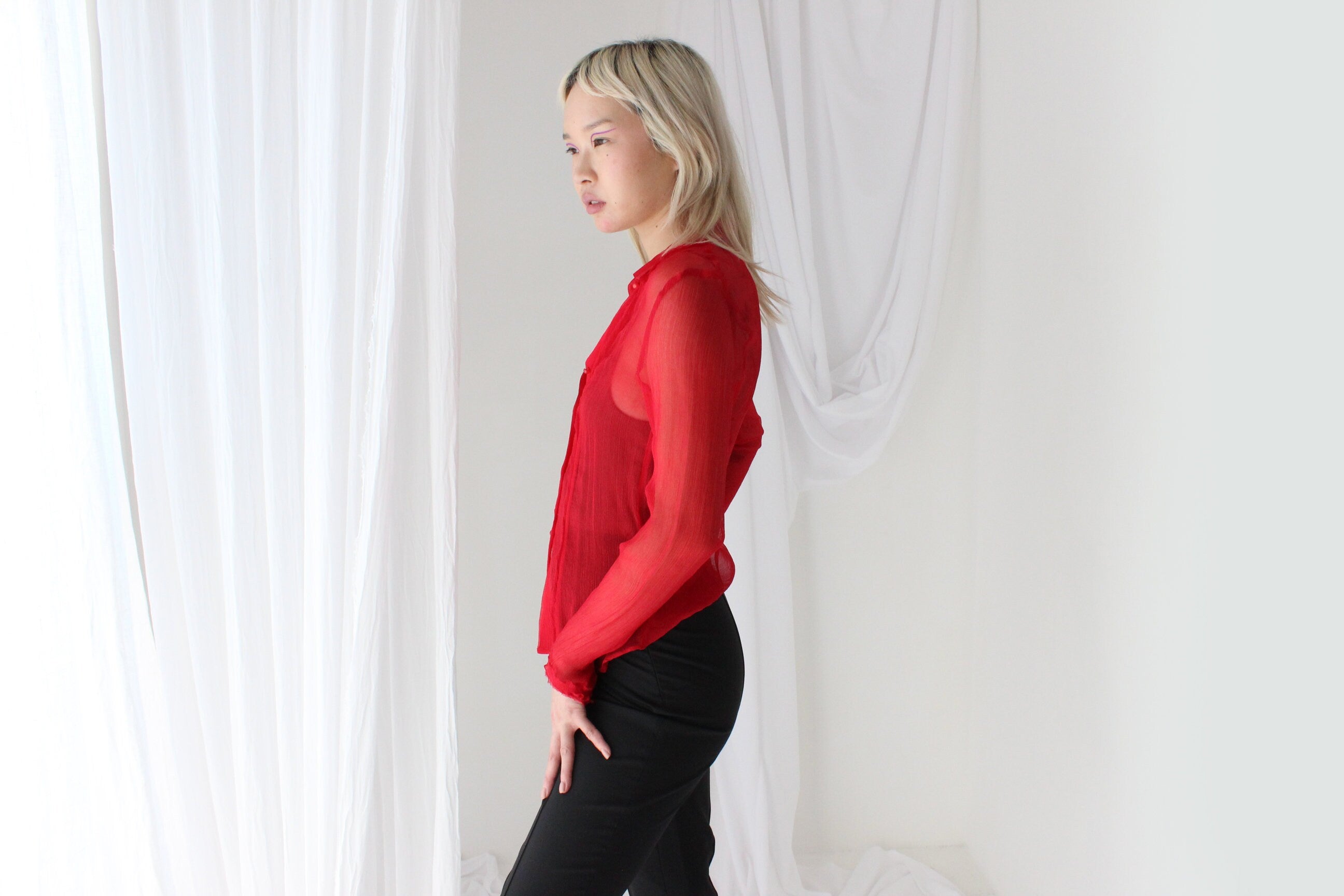 90s Crinkle Silk Crêpe Chiffon Sheer & Sexy Button Up Blouse