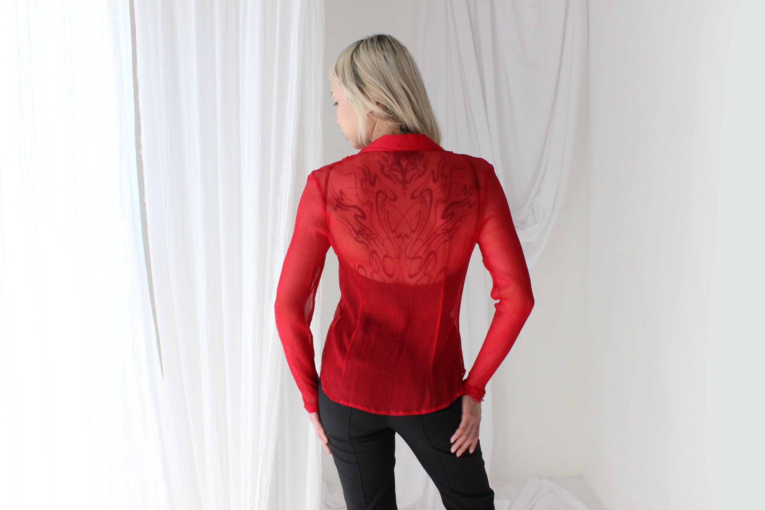 90s Crinkle Silk Crêpe Chiffon Sheer & Sexy Button Up Blouse