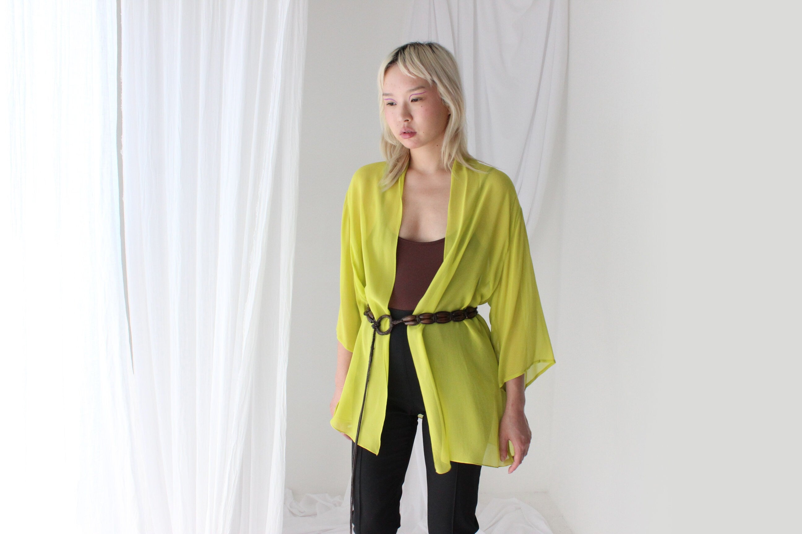 Luxury 90s PURE SILK GEORGETTE Vibrant Chartreuse Kimono