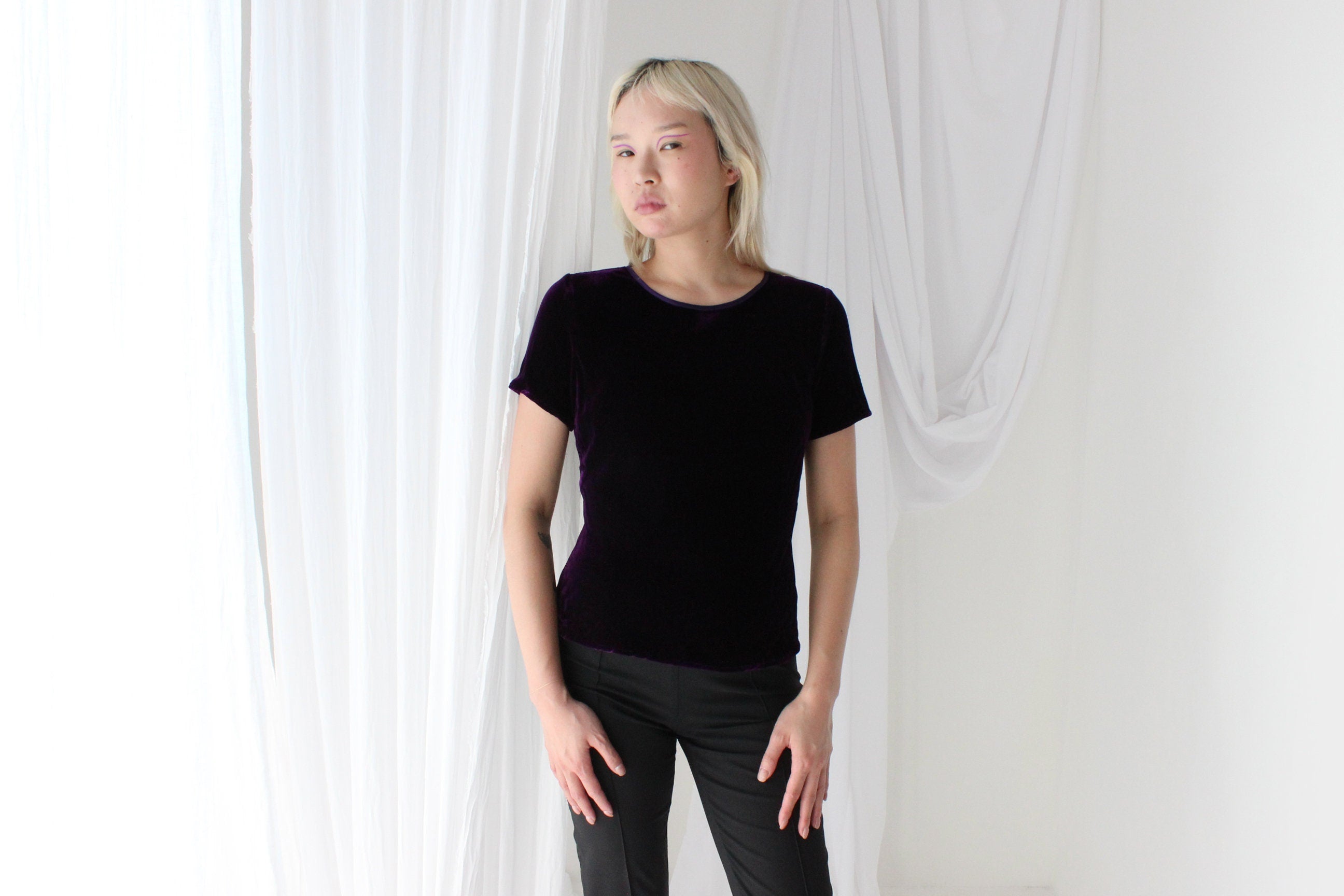 90s SILK VELVET Deep Purple Bias Cut Tee