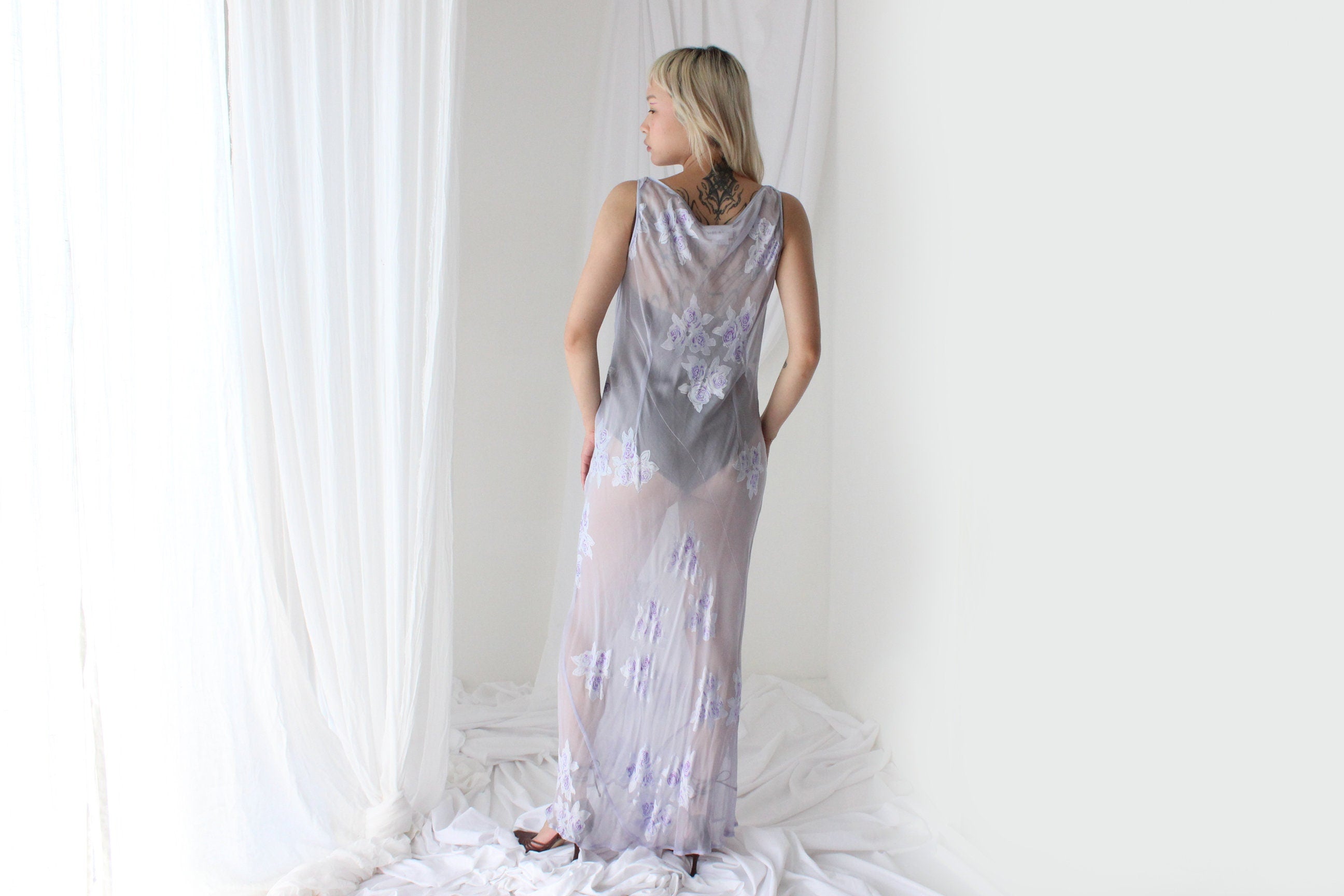 Y2K PURE SILK Sheer Pastel Cowl Neck Bias Cut Gown