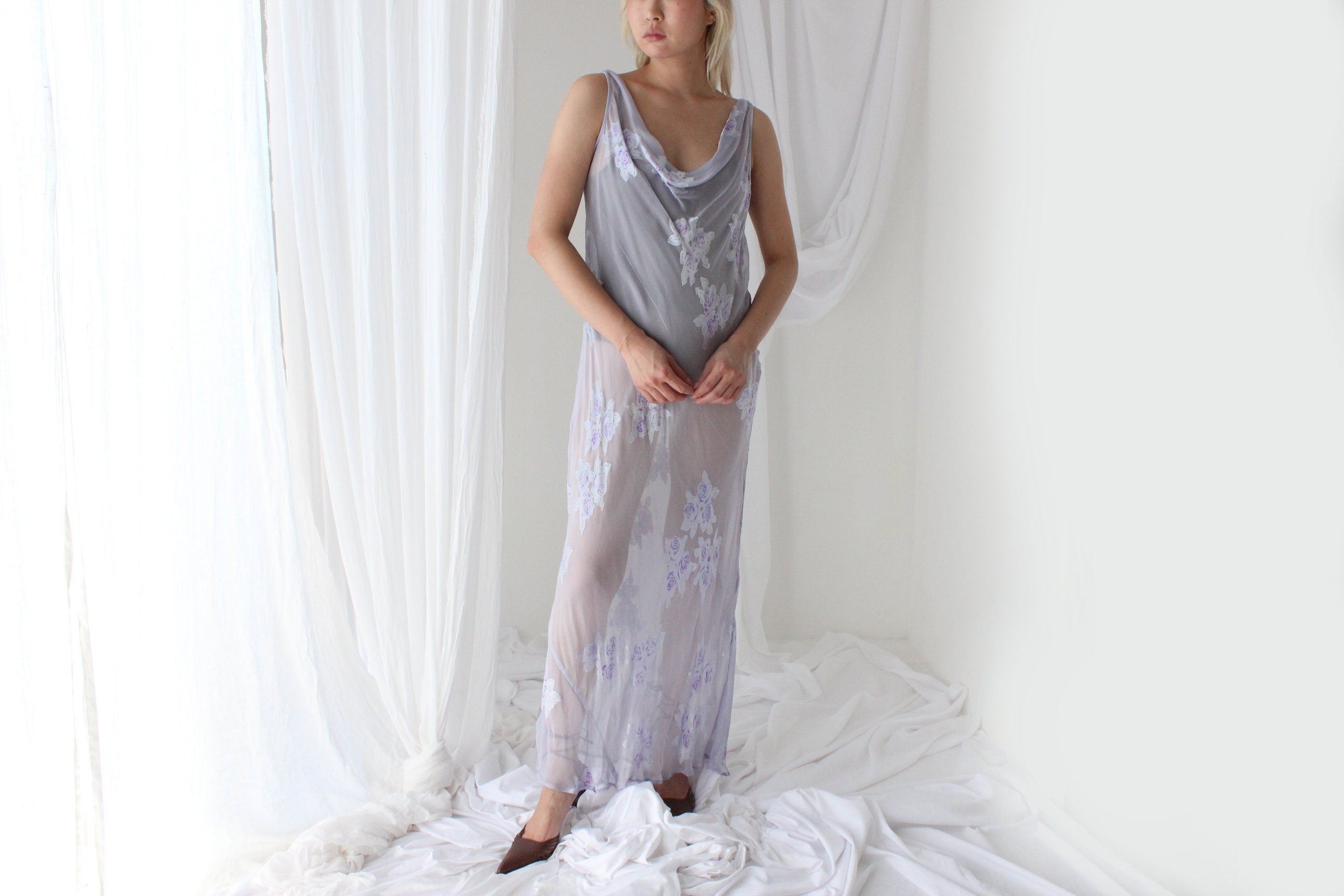 Y2K PURE SILK Sheer Pastel Cowl Neck Bias Cut Gown