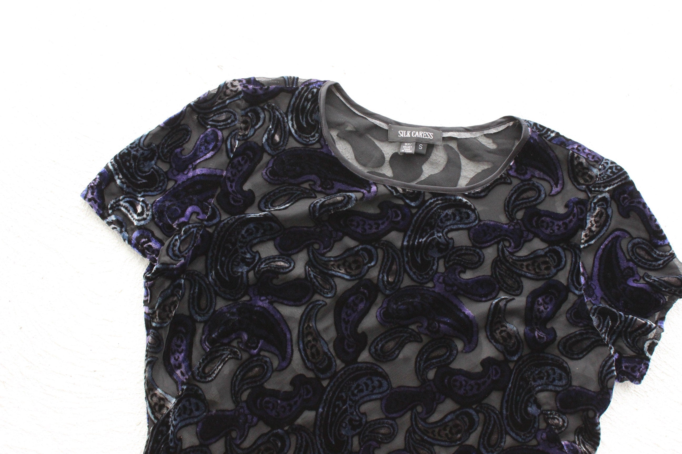 90s Silk Velvet Paisley Burnout Bias Cut Tee