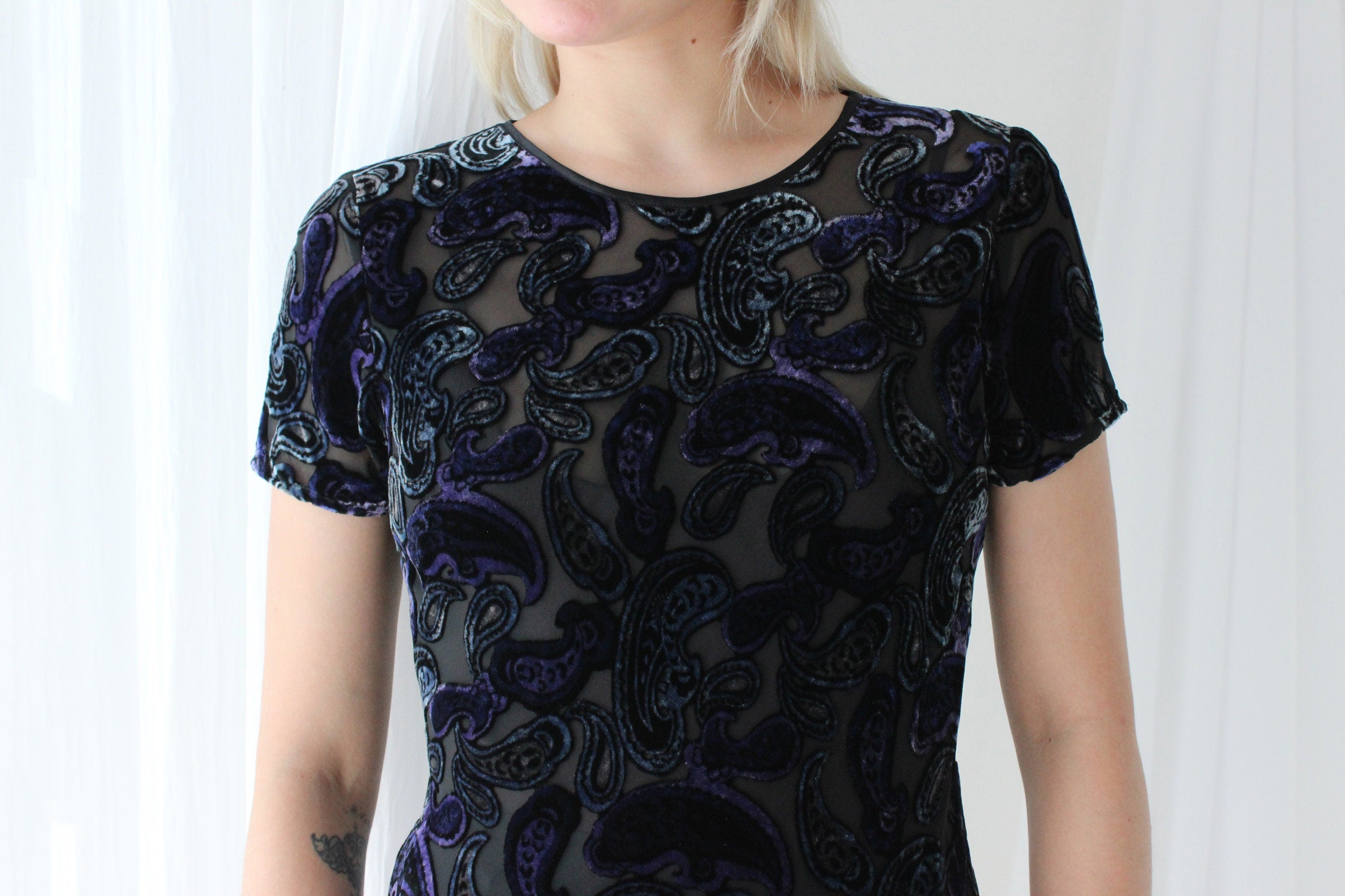 90s Silk Velvet Paisley Burnout Bias Cut Tee