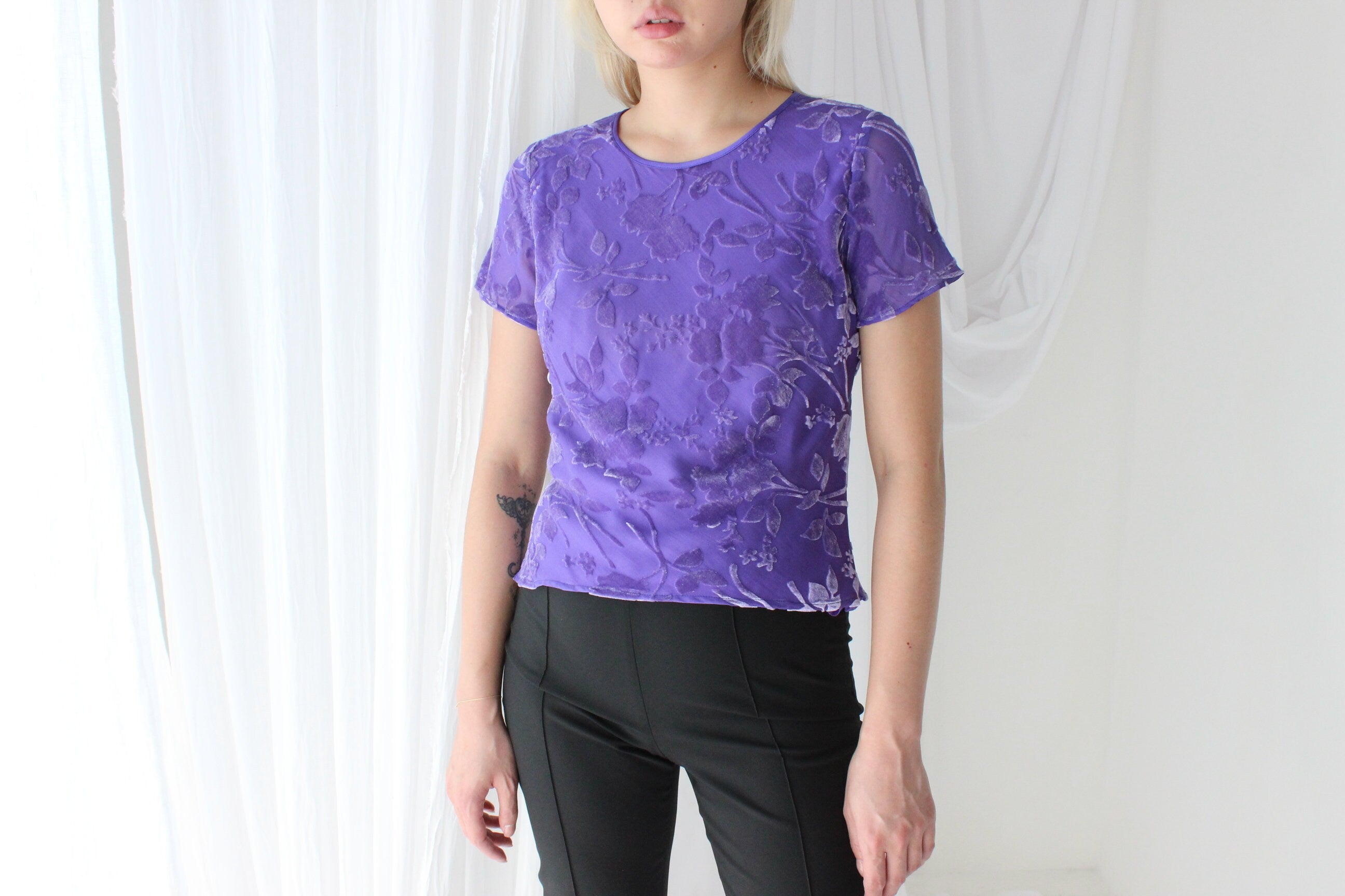 90s SILK VELVET Floral Burnout Bias Cut Tee