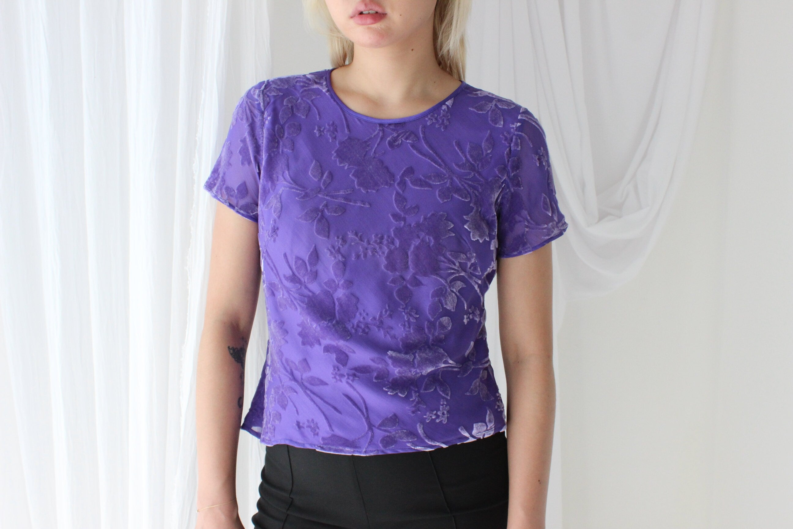 90s SILK VELVET Floral Burnout Bias Cut Tee
