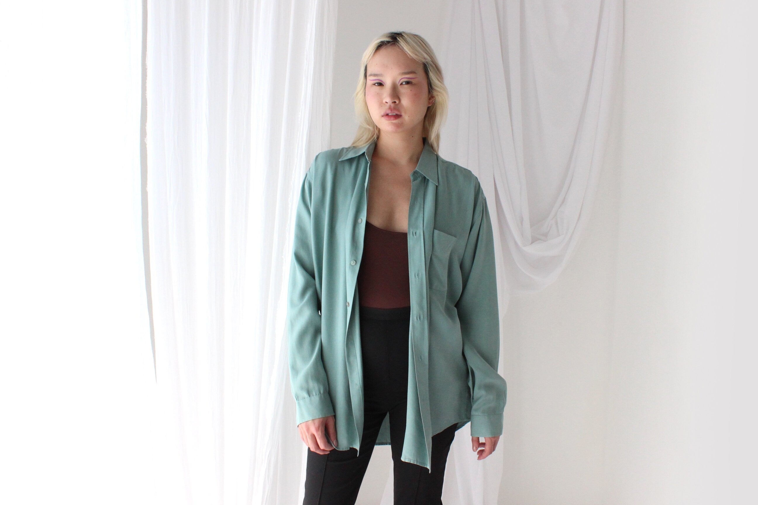 90s Pure Fuji Silk Seafoam Oversized Shirt