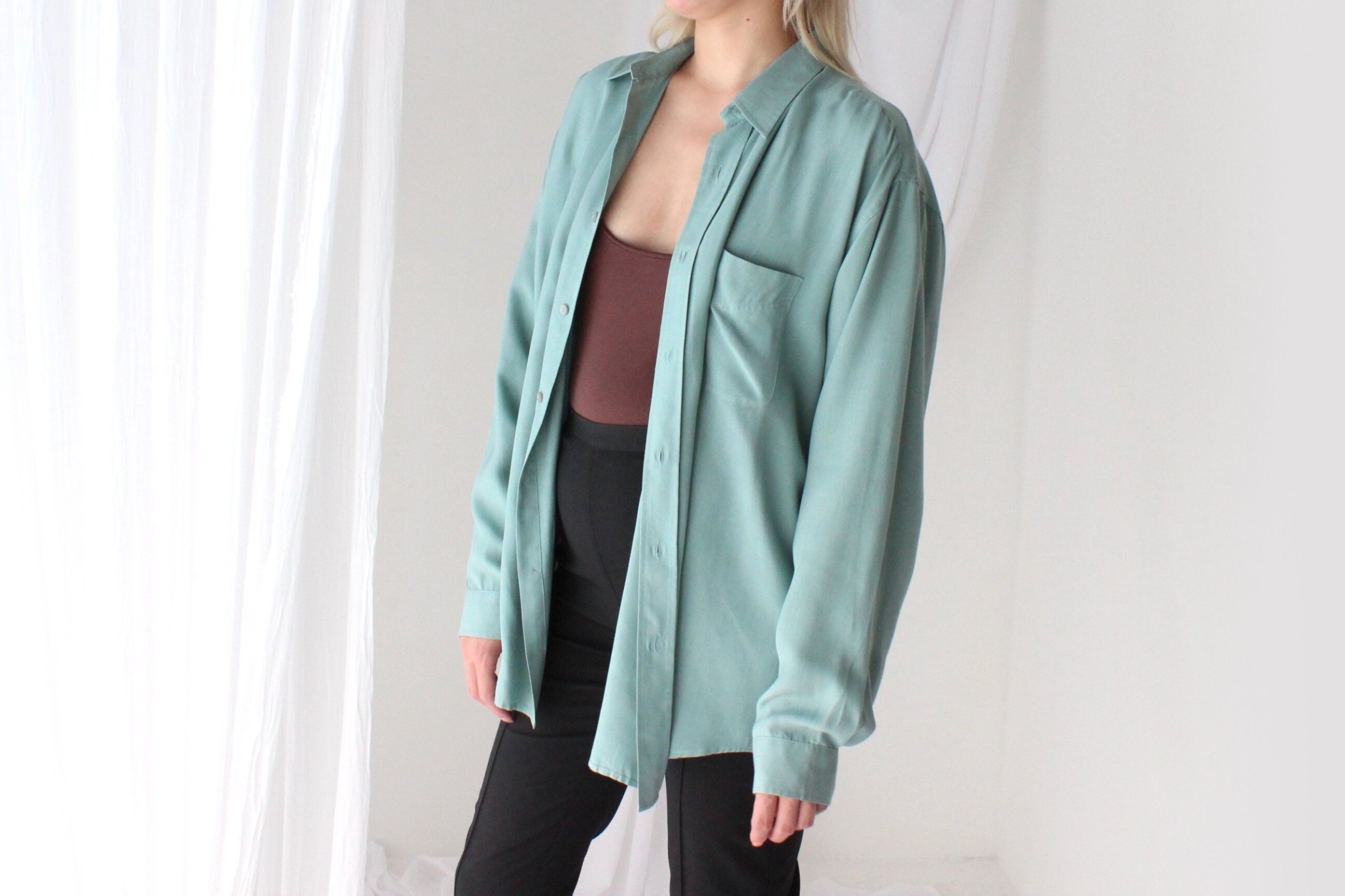 90s Pure Fuji Silk Seafoam Oversized Shirt