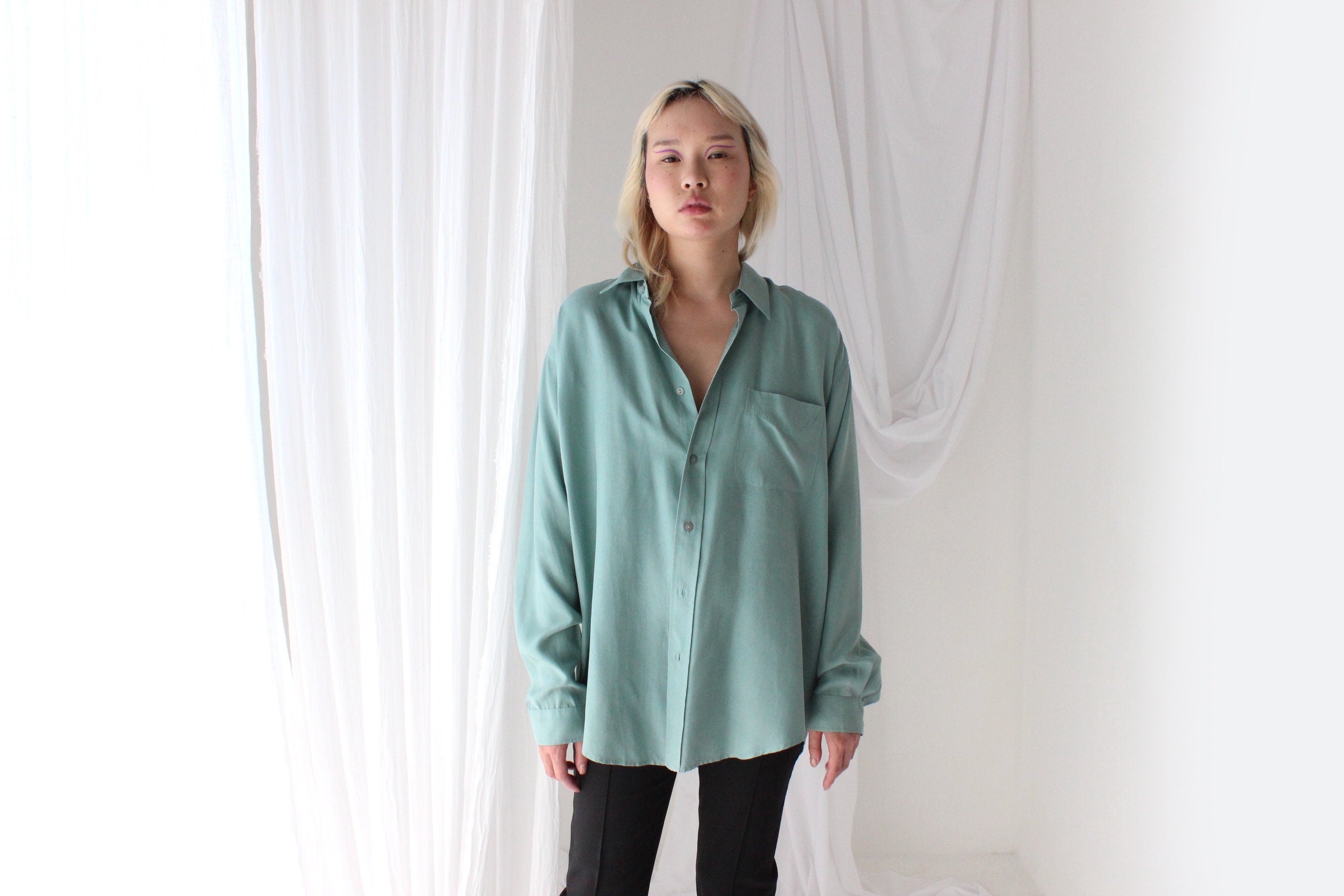 90s Pure Fuji Silk Seafoam Oversized Shirt