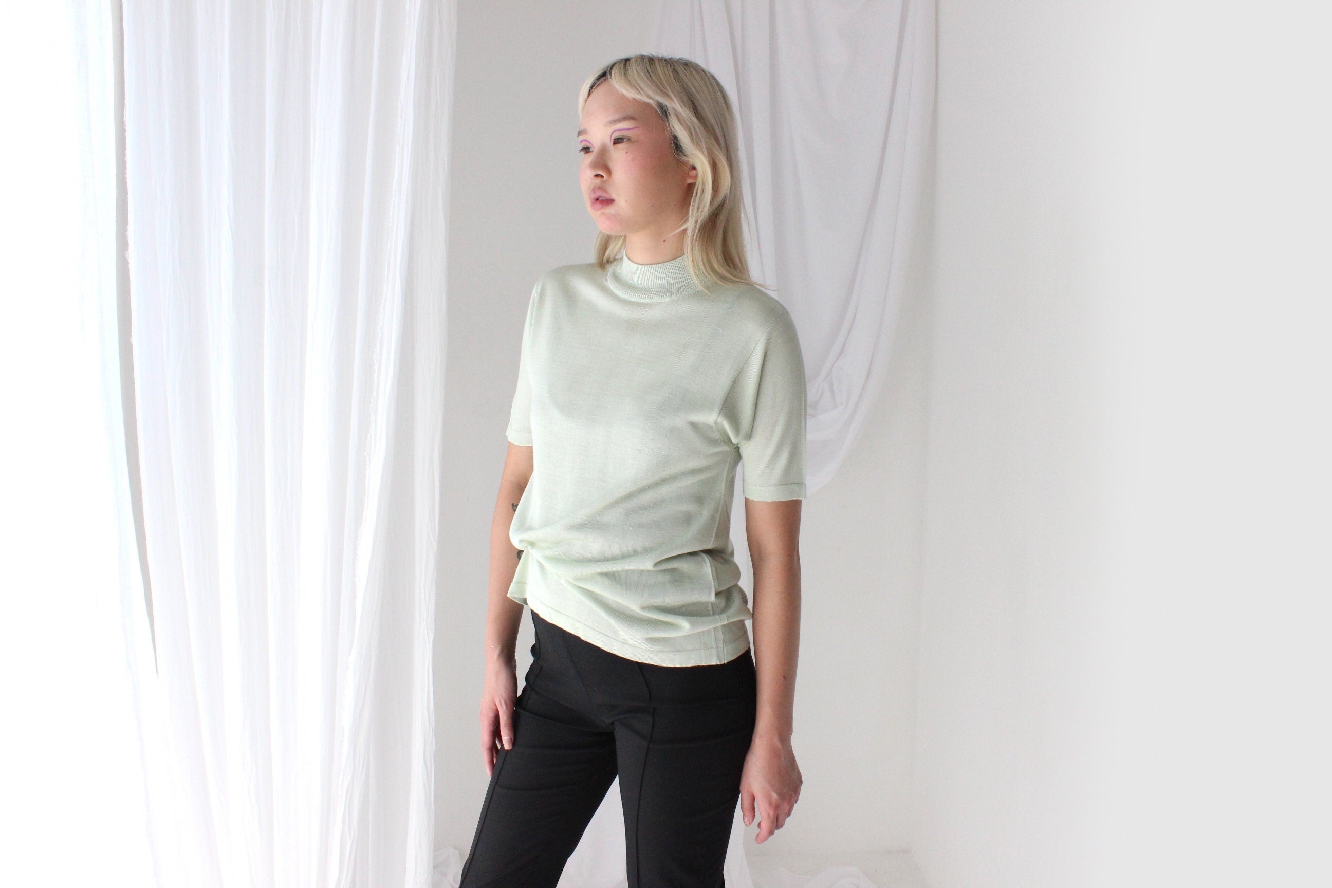 80s PURE SILK Luxury High Neck Knit in Mint