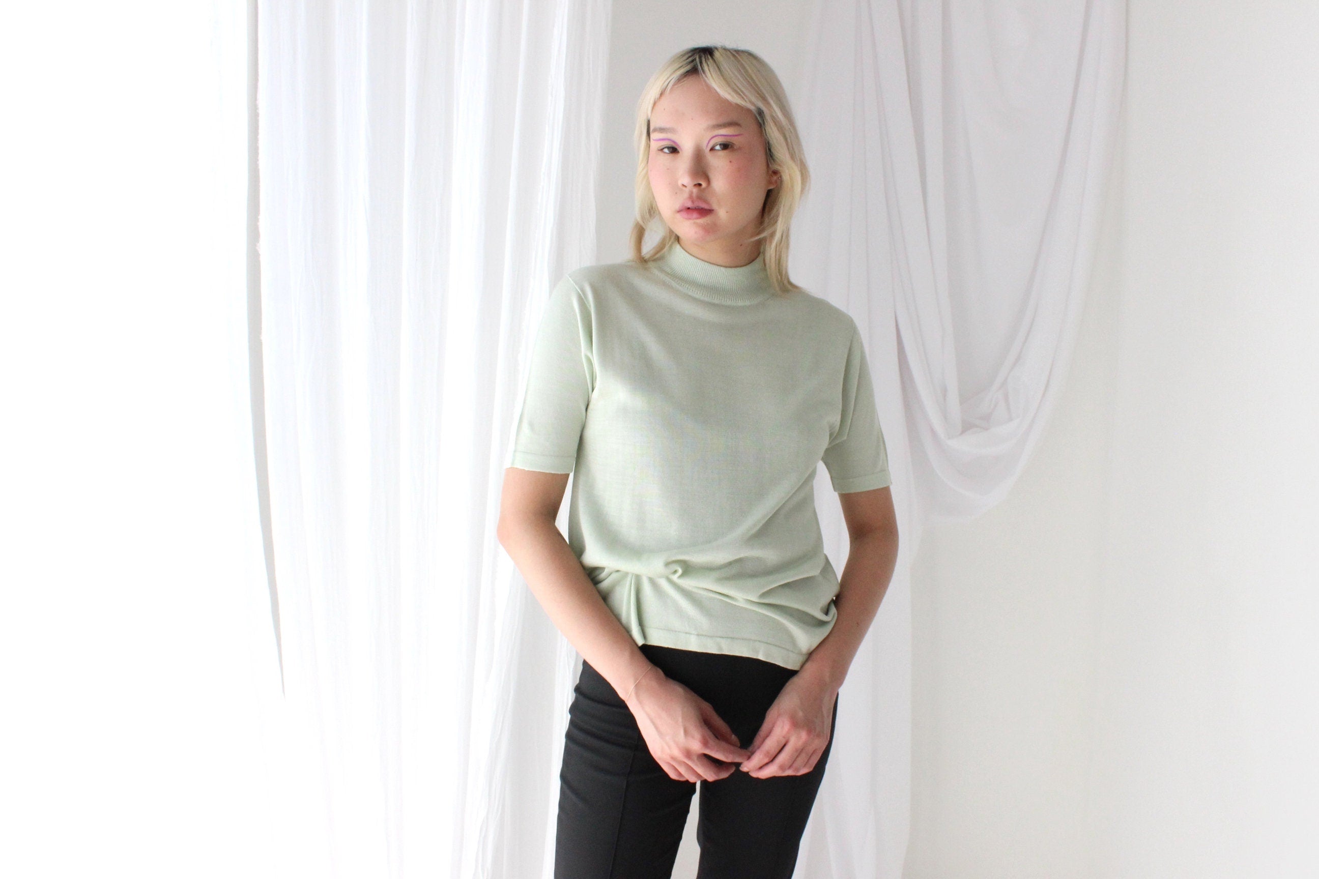 80s PURE SILK Luxury High Neck Knit in Mint