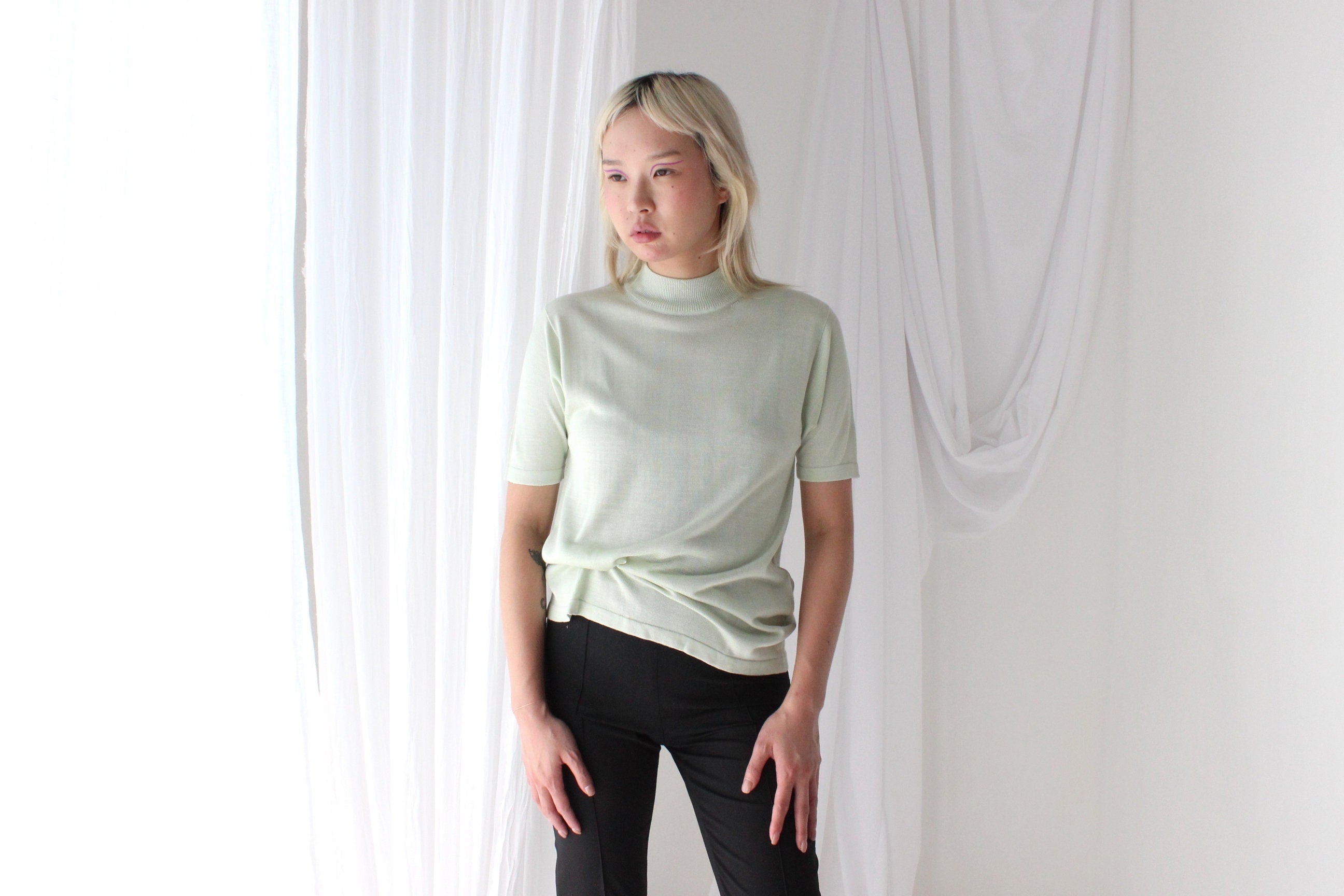 80s PURE SILK Luxury High Neck Knit in Mint