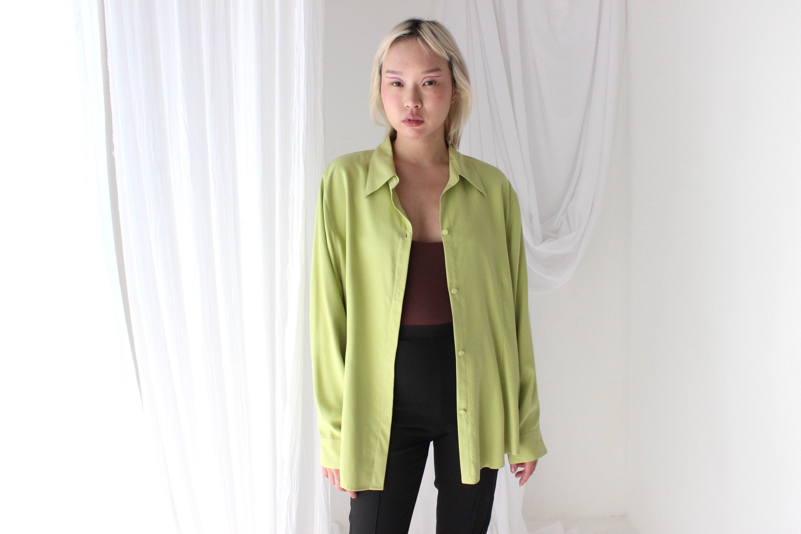 90s Pure Silk Chartreuse Oversized Button Up Shirt