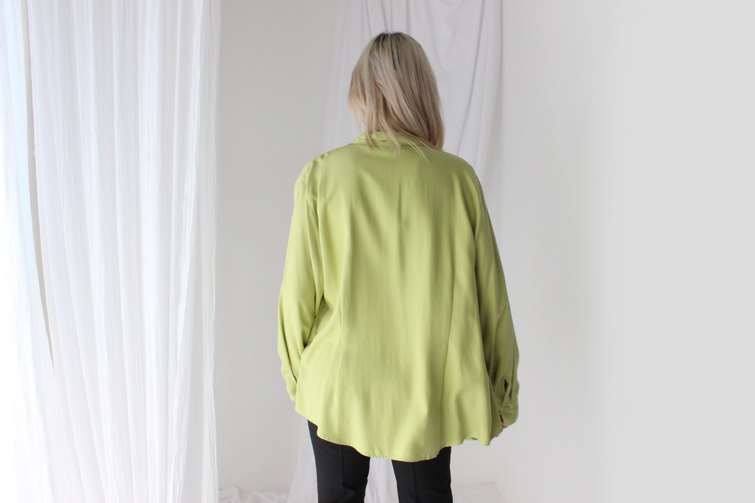 90s Pure Silk Chartreuse Oversized Button Up Shirt