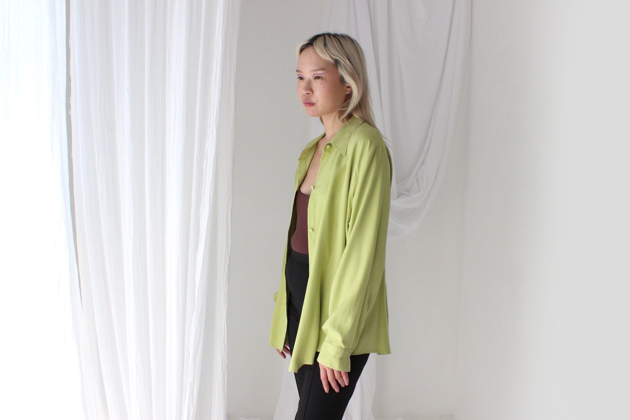 90s Pure Silk Chartreuse Oversized Button Up Shirt