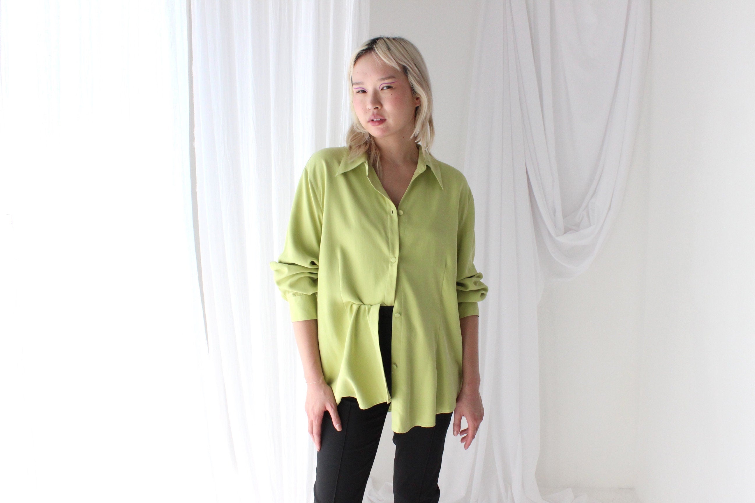 90s Pure Silk Chartreuse Oversized Button Up Shirt