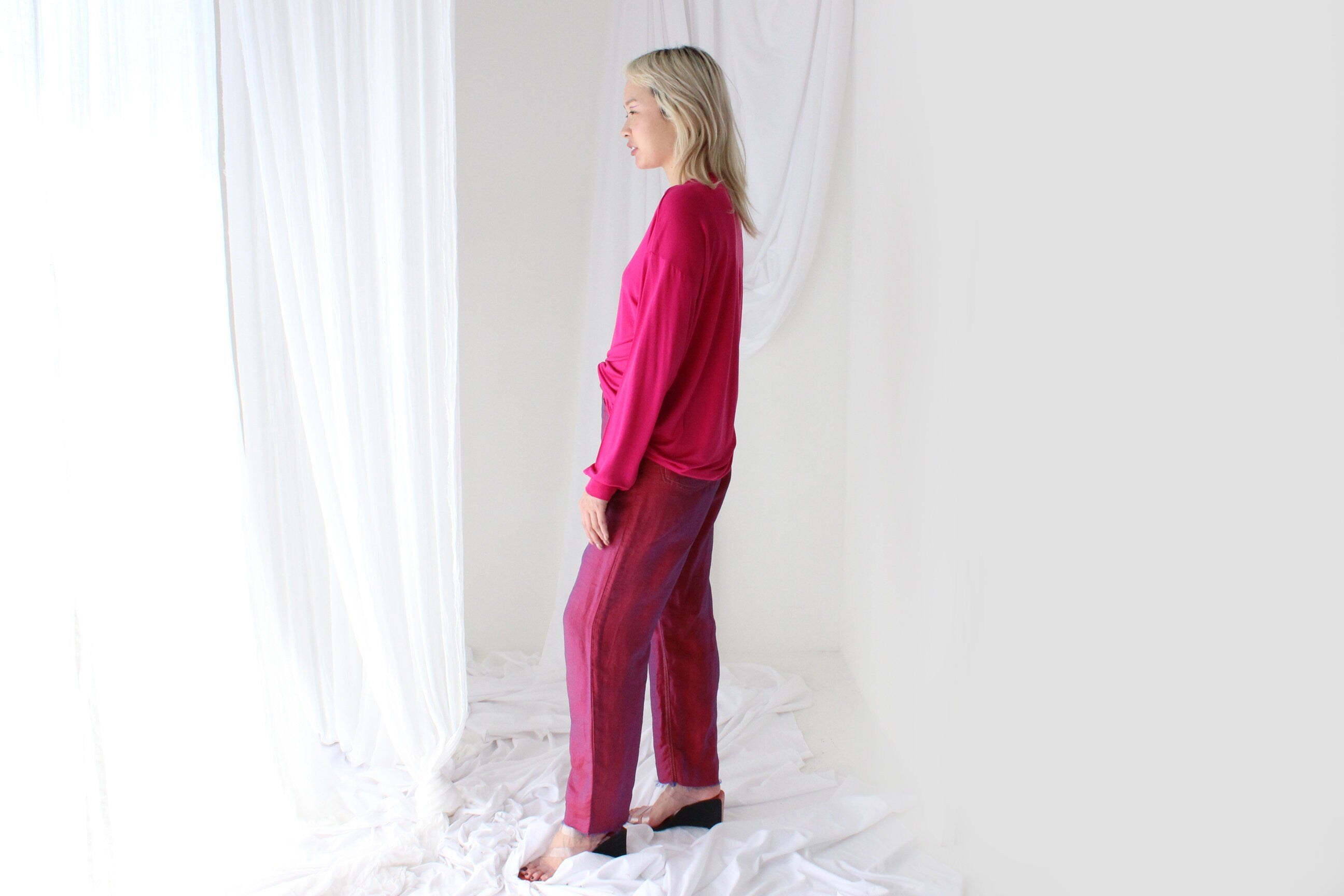 Luxury 80s PURE SILK JERSEY Minimal Slouch Top in Magenta