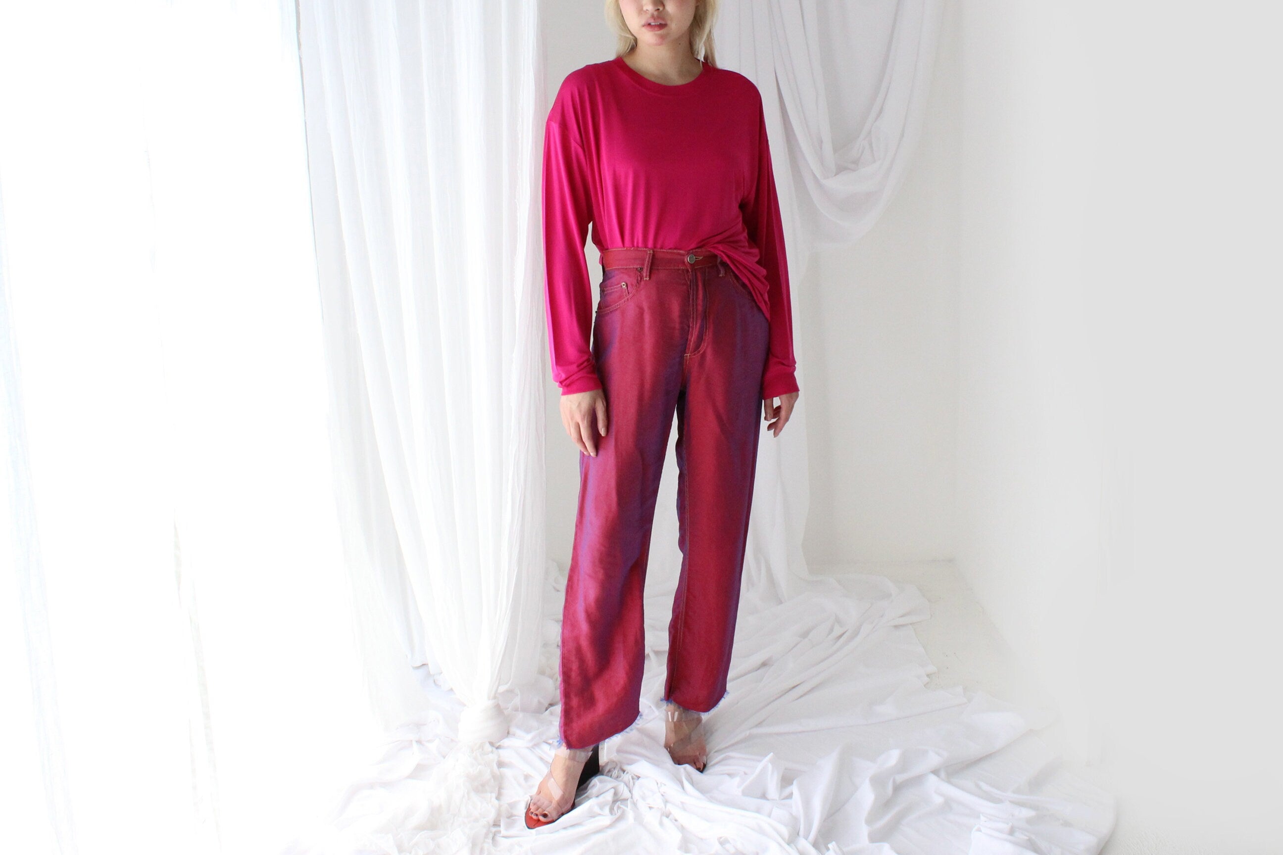 Luxury 80s PURE SILK JERSEY Minimal Slouch Top in Magenta