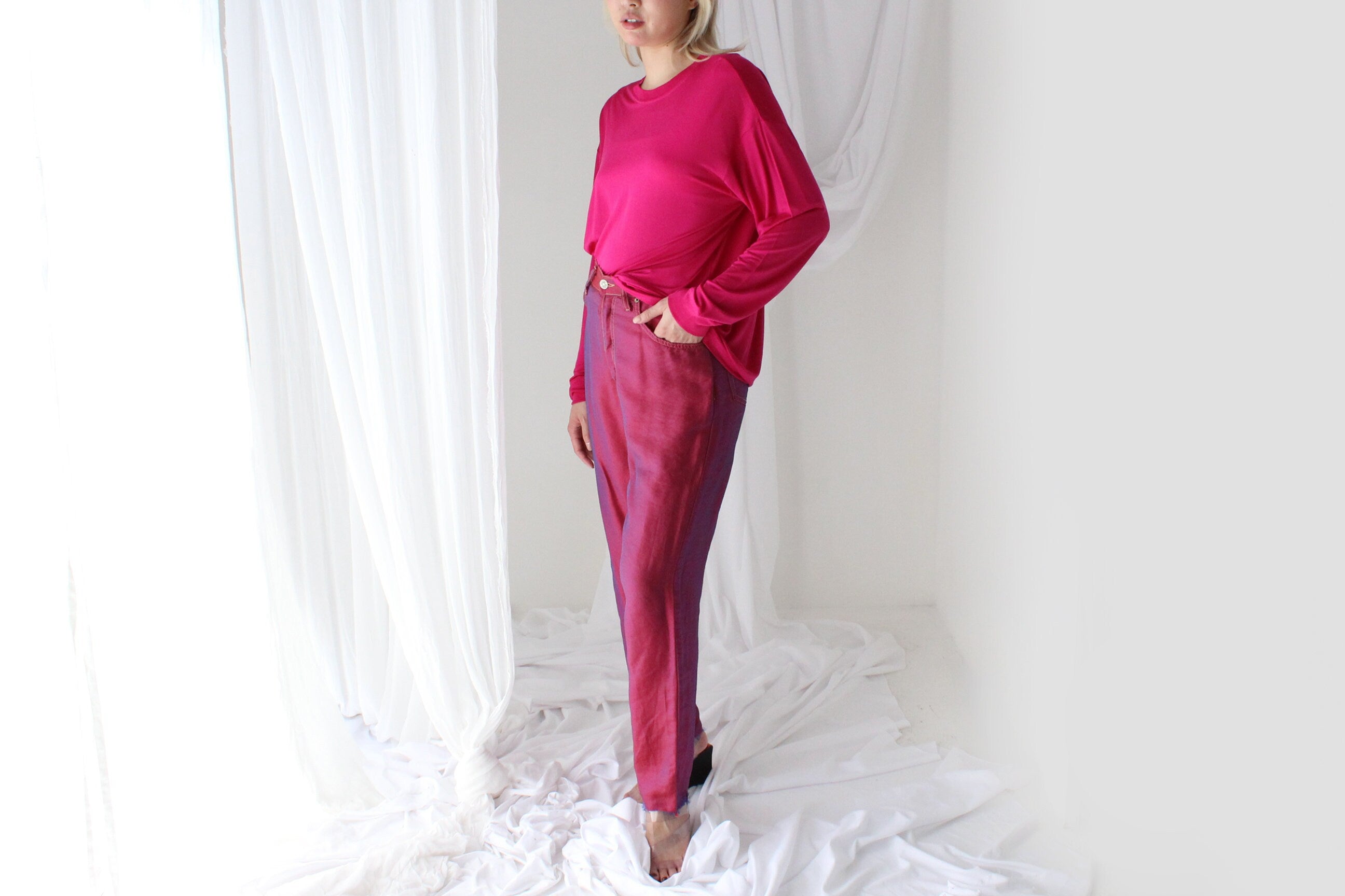 Luxury 80s PURE SILK JERSEY Minimal Slouch Top in Magenta
