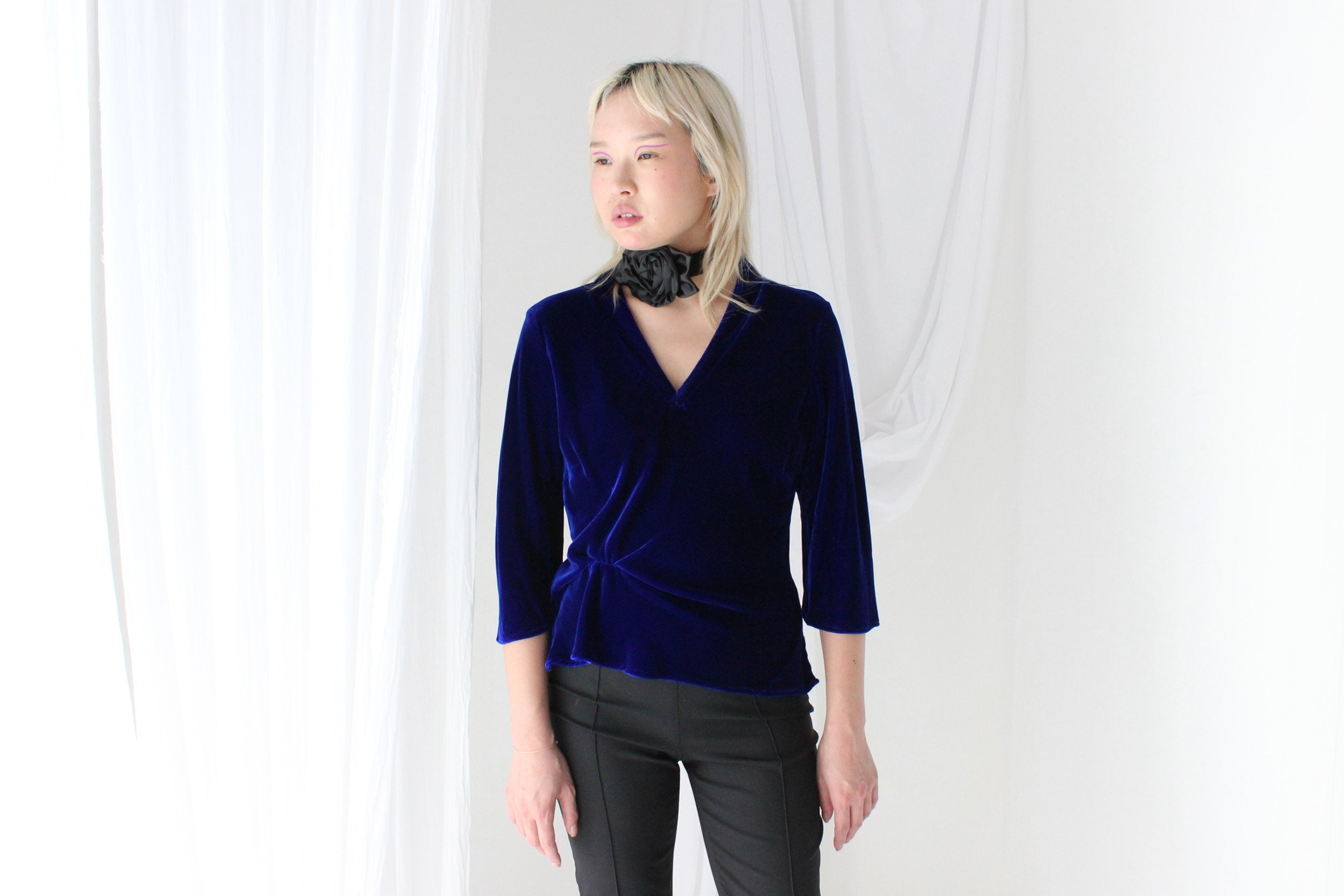 Romantic 90s SILK VELVET Deep Blue V Neck Bias Cut Top