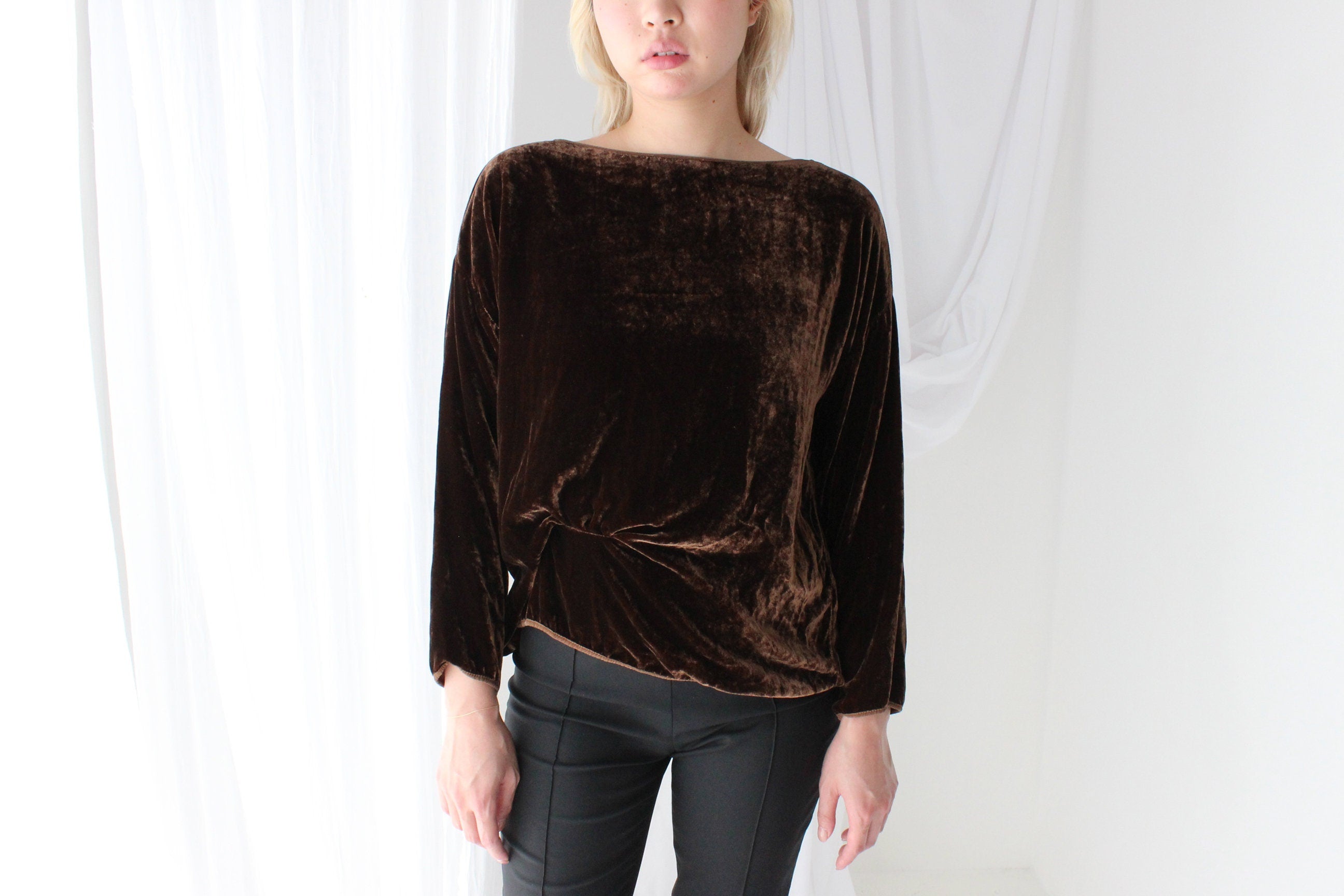 90s Chocolate Velvet Long Sleeve Slouch Top