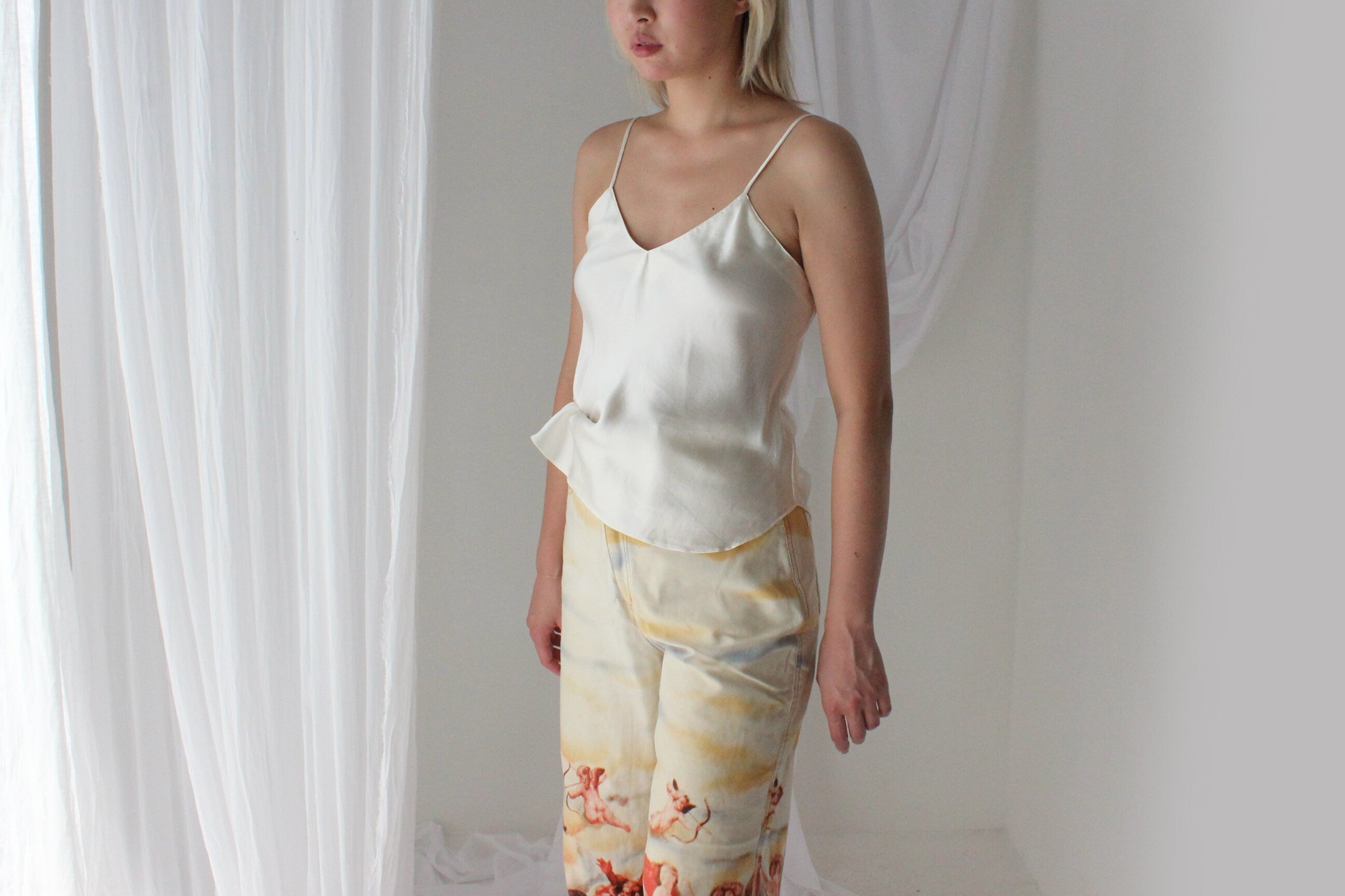 90s Pure Silk Cream Spaghetti Strap Cami