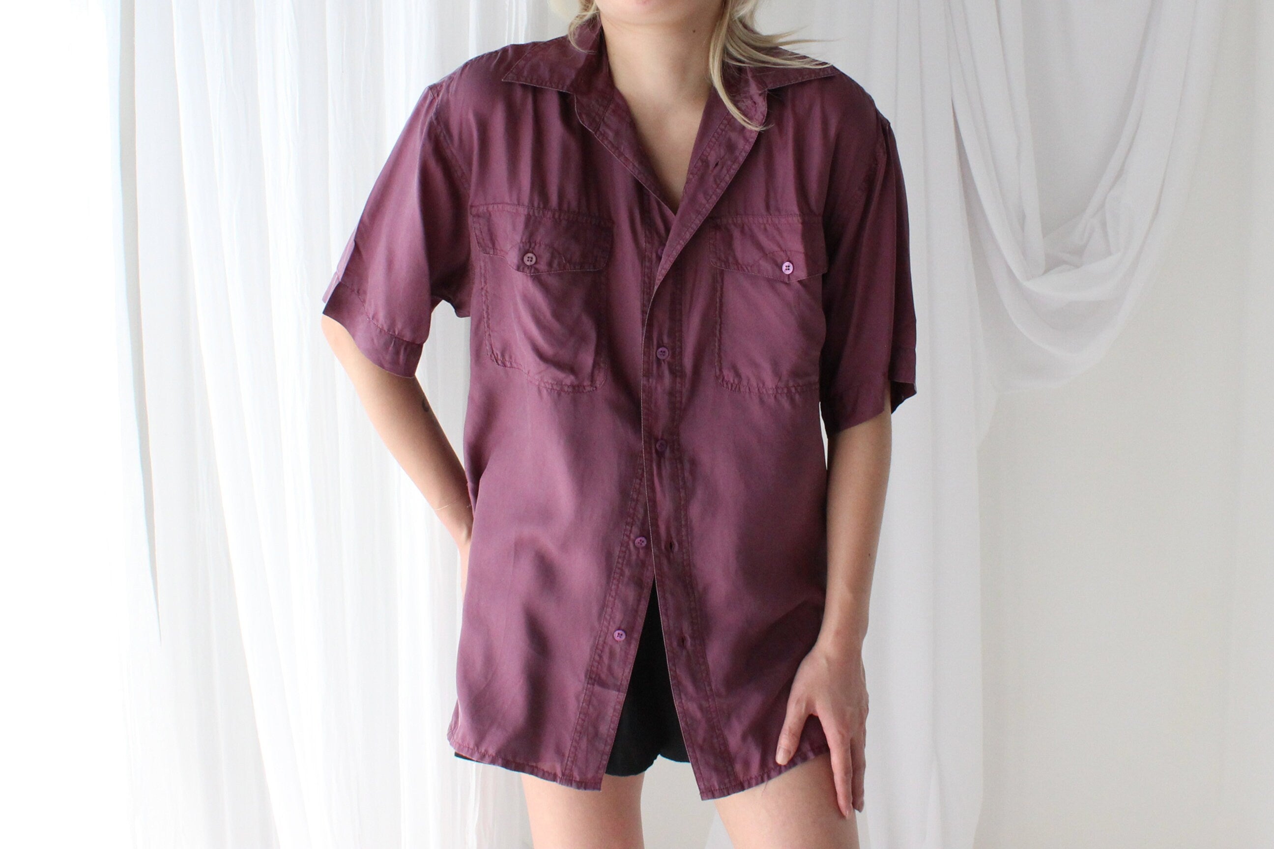 80s MATTE SILK Purple Boxy Double Pocket Shirt