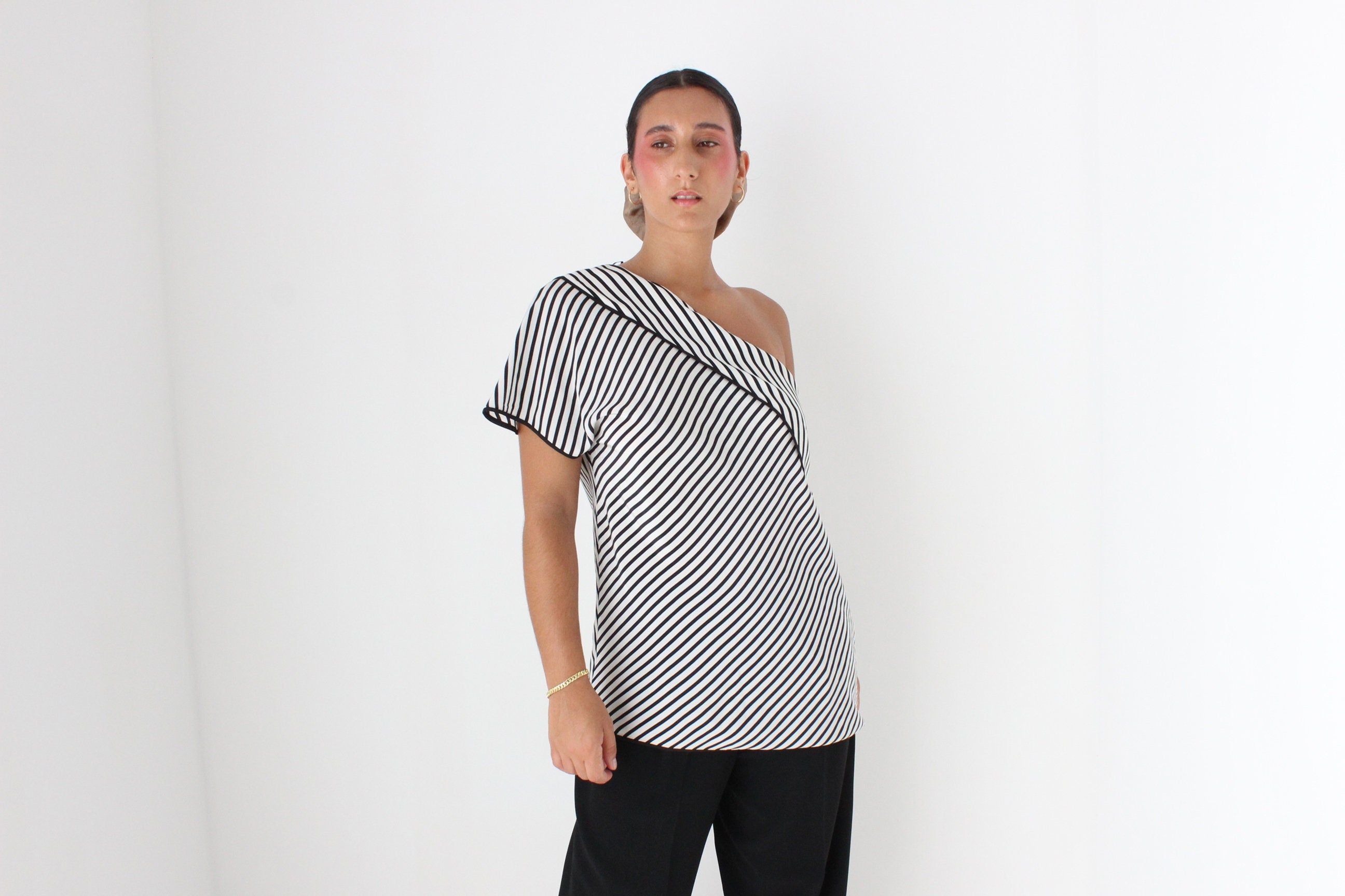 2000s Diane Von Furstenberg Modernist Striped One Shoulder Silk Top