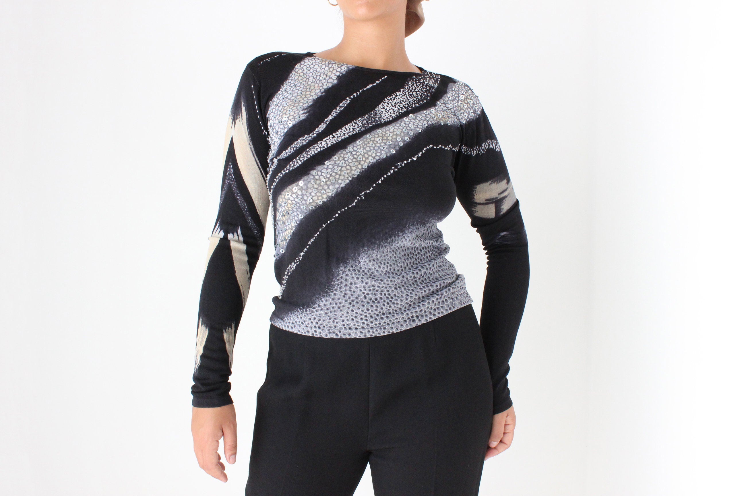 Y2K Stretch Abstract Animal Print & Sequin Knit Top
