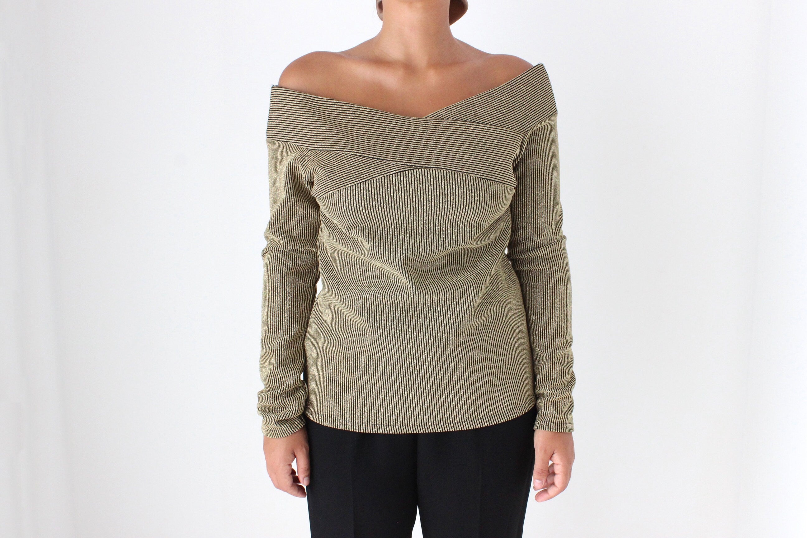 80s Gold Lurex Off Shoulder Sexy Knit Disco Top