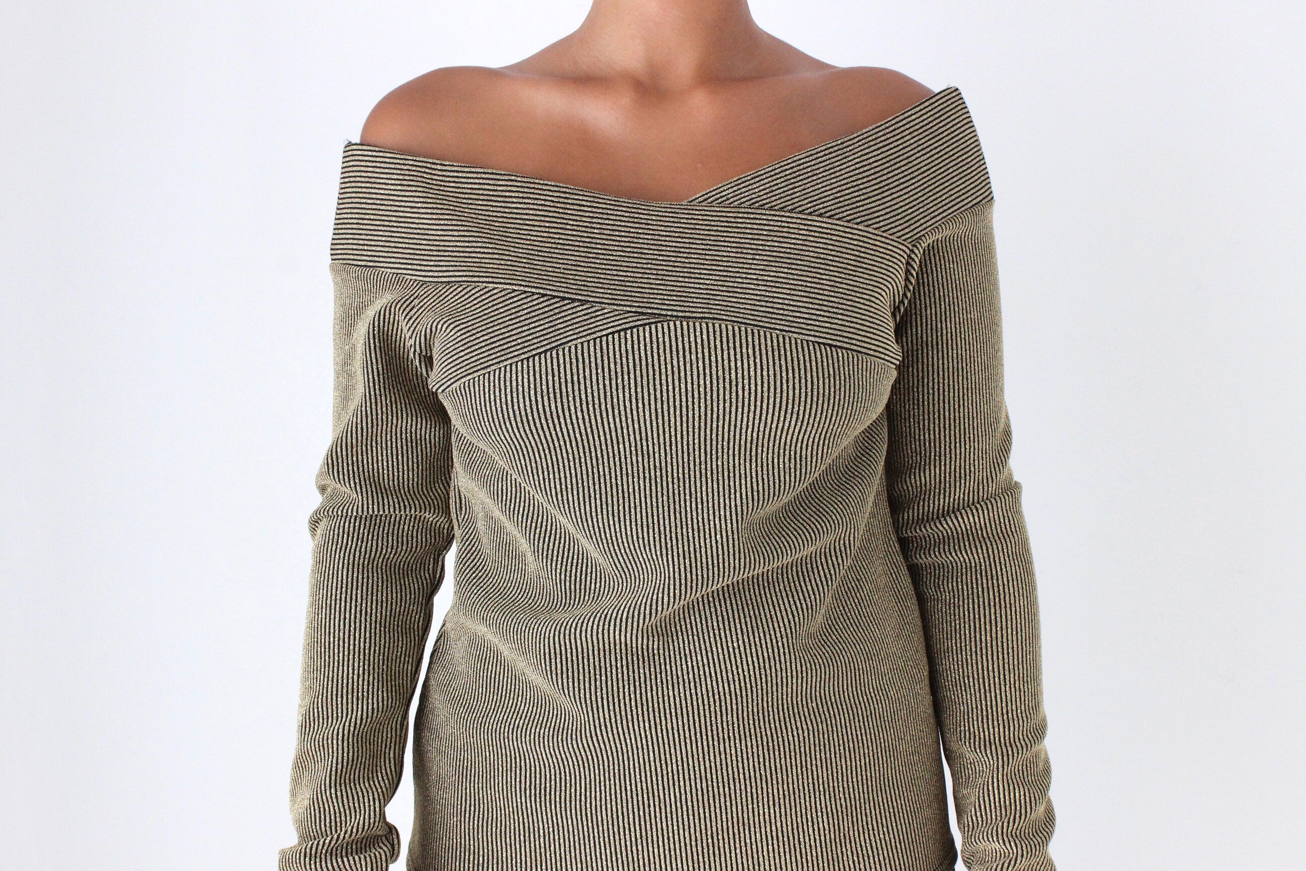 80s Gold Lurex Off Shoulder Sexy Knit Disco Top