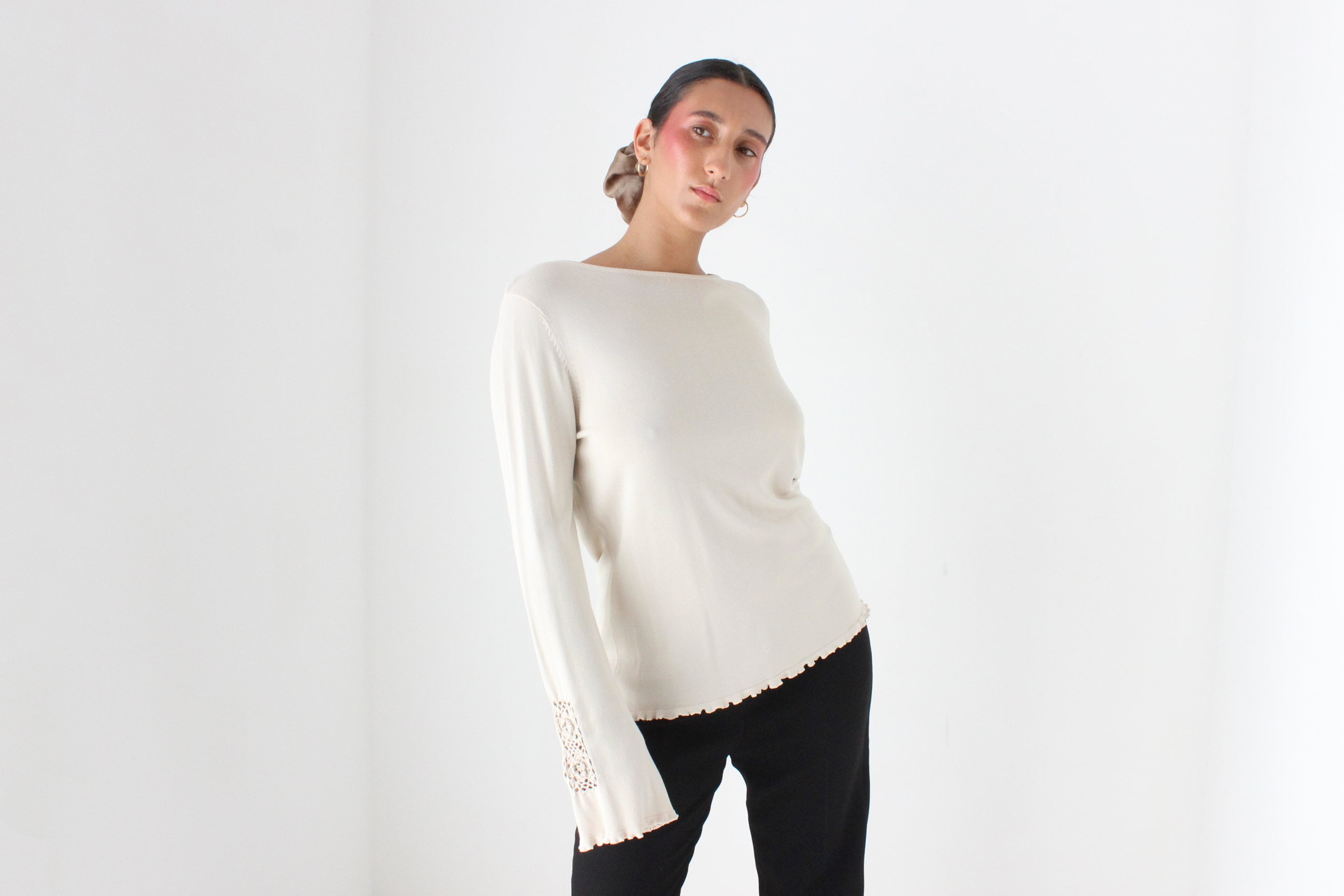 Y2K Neutral Knit Top w/ Crochet Flared Sleeves